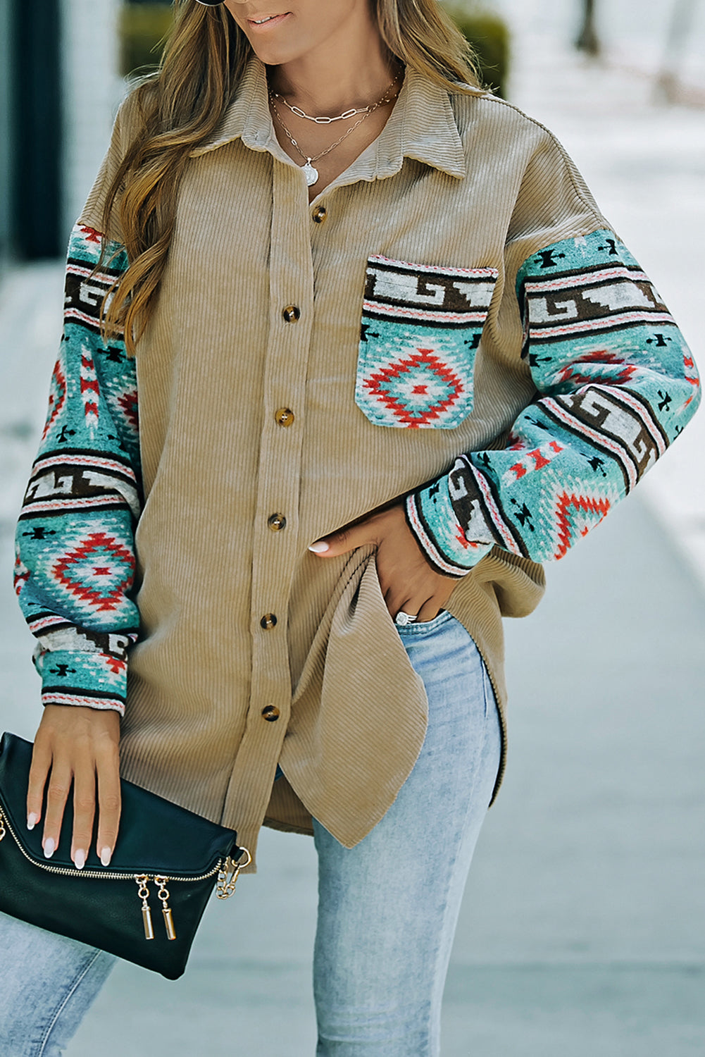 Aztec Pattern Sleeve Khaki Pocketed Corduroy Shacket featuring a stylish design with a collar, long sleeves, and a bust pocket.