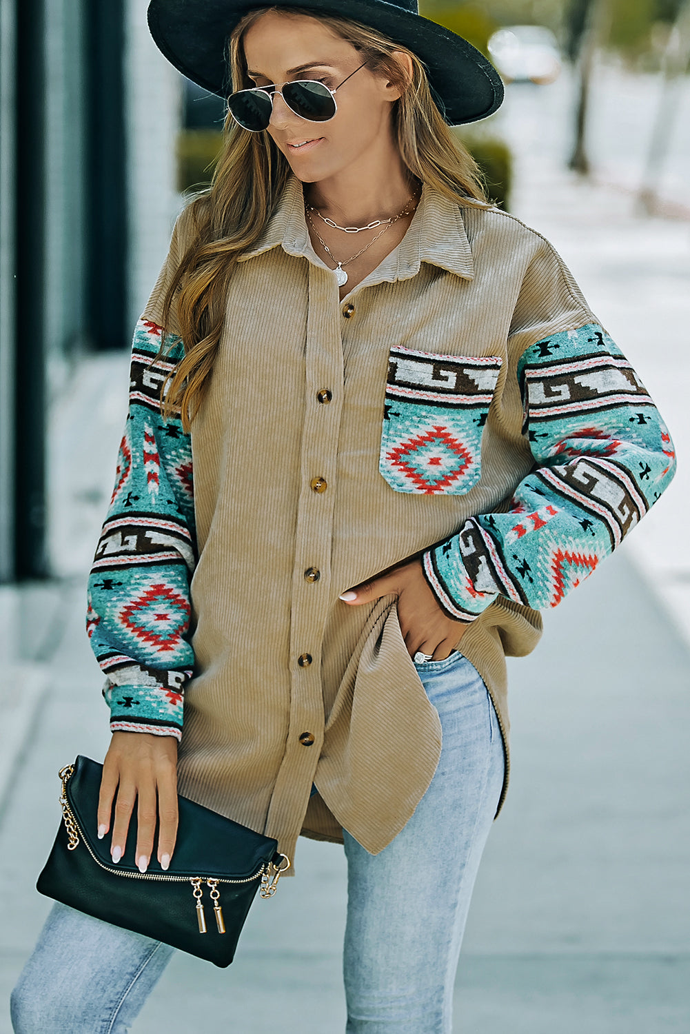 Aztec Pattern Sleeve Khaki Pocketed Corduroy Shacket featuring a stylish design with a collar, long sleeves, and a bust pocket.