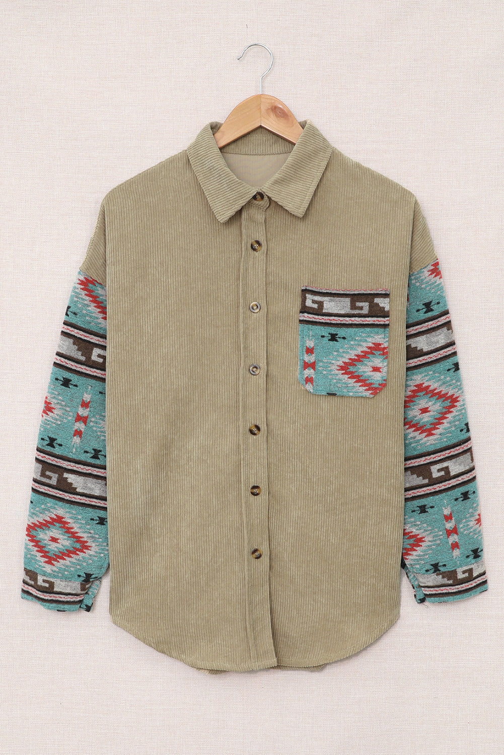 Aztec Pattern Sleeve Khaki Pocketed Corduroy Shacket featuring a stylish design with a collar, long sleeves, and a bust pocket.