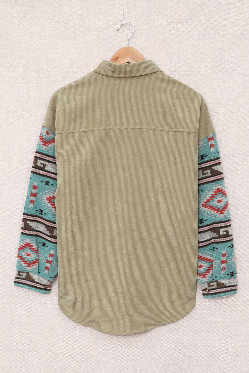 Aztec Pattern Sleeve Khaki Pocketed Corduroy Shacket featuring a stylish design with a collar, long sleeves, and a bust pocket.