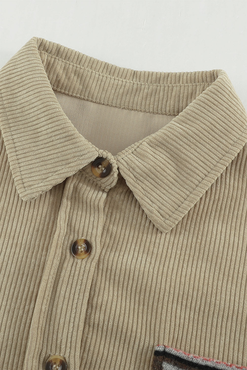 Aztec Pattern Sleeve Khaki Pocketed Corduroy Shacket featuring a stylish design with a collar, long sleeves, and a bust pocket.