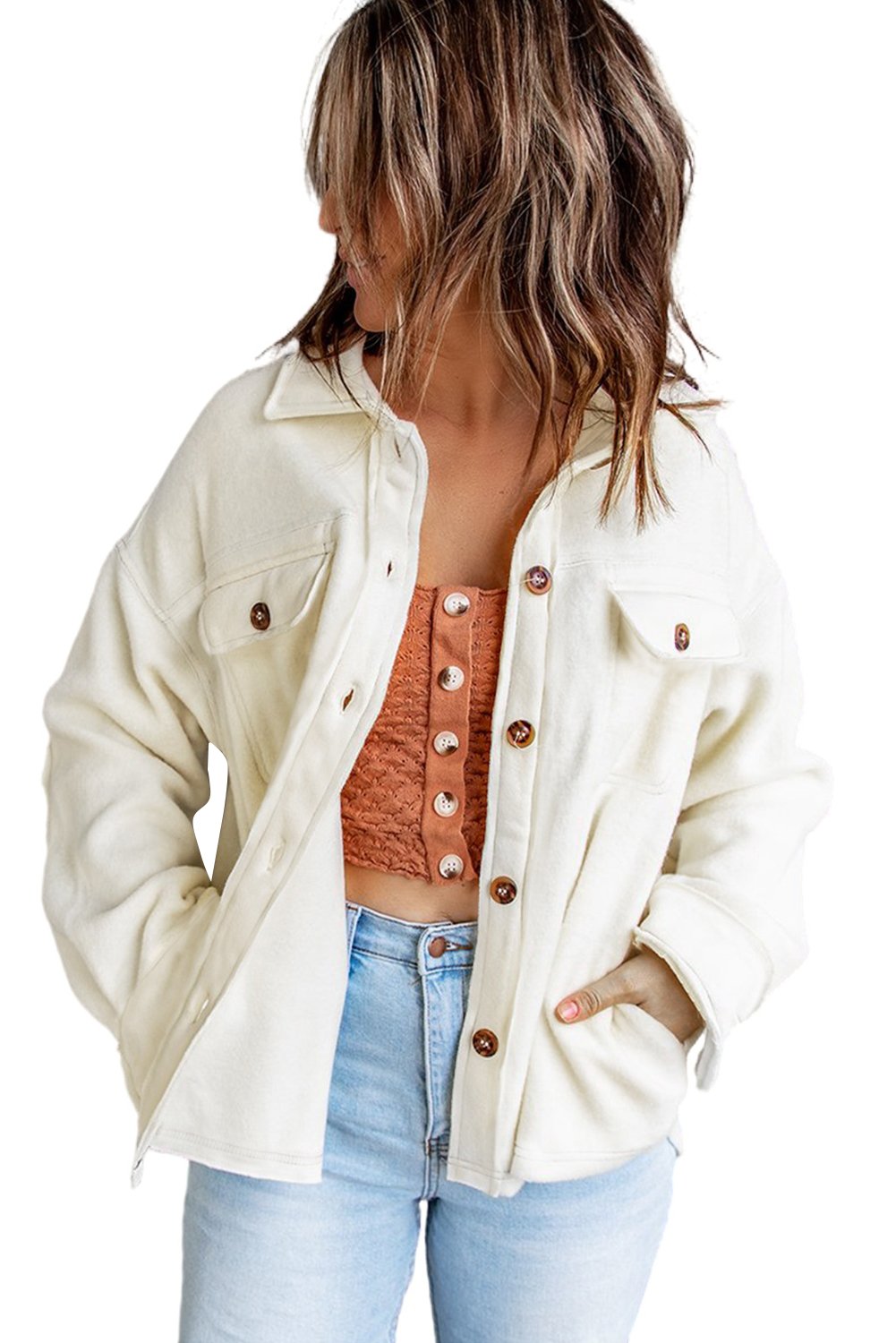 Beige elbow women shacket featuring a turn-down collar, button closure, and flap pockets, perfect for casual wear in fall and winter.