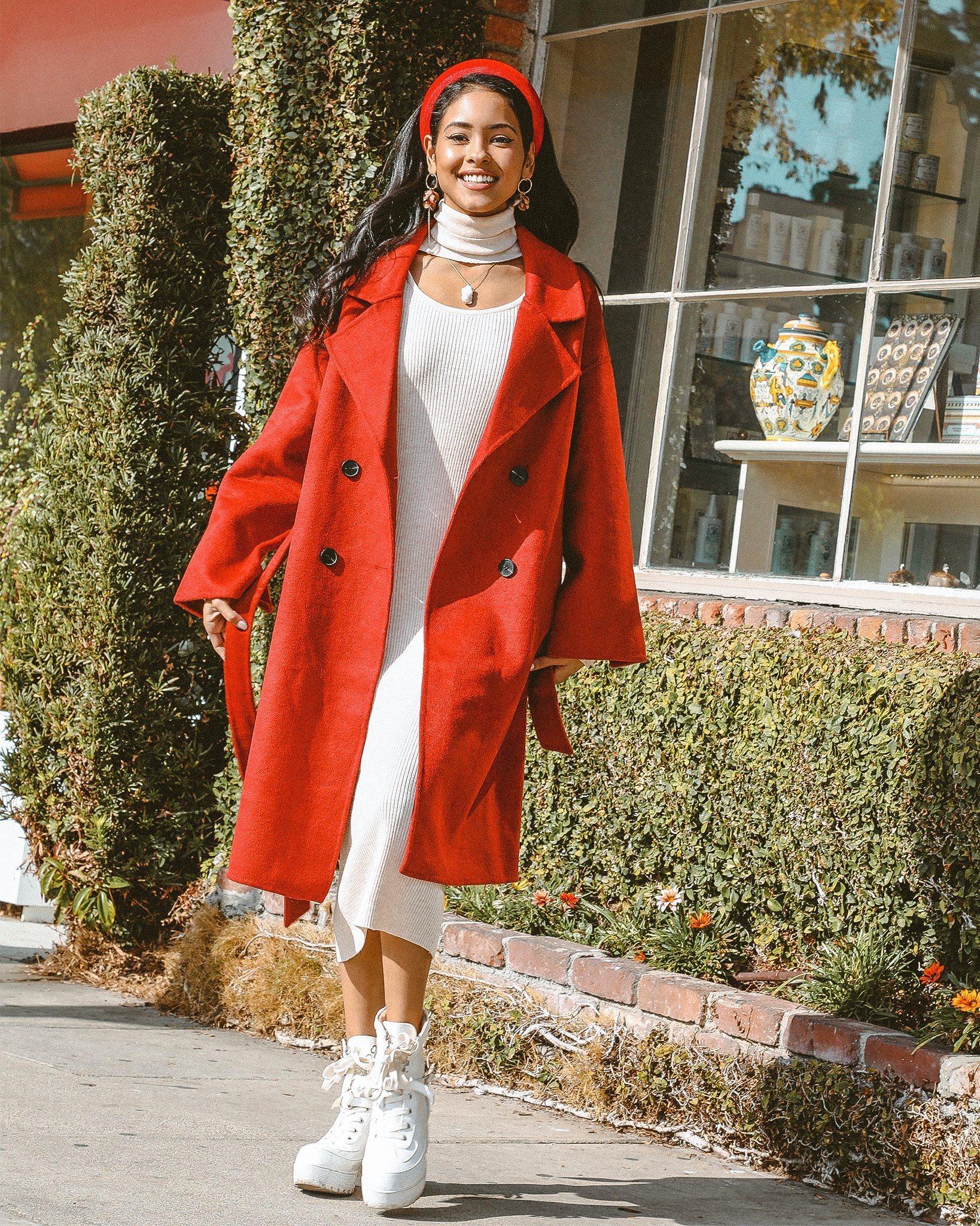 Bergen Full Length Wool Coat in burgundy red with button-down front and tie waist, showcasing its elegant design and oversized fit.