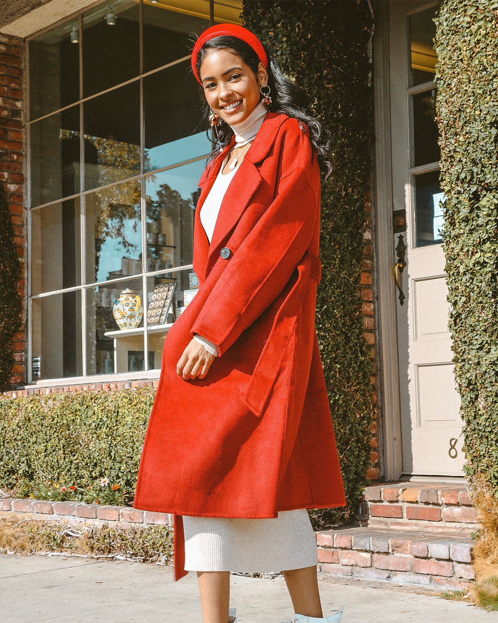 Bergen Full Length Wool Coat in burgundy red with button-down front and tie waist, showcasing its elegant design and oversized fit.