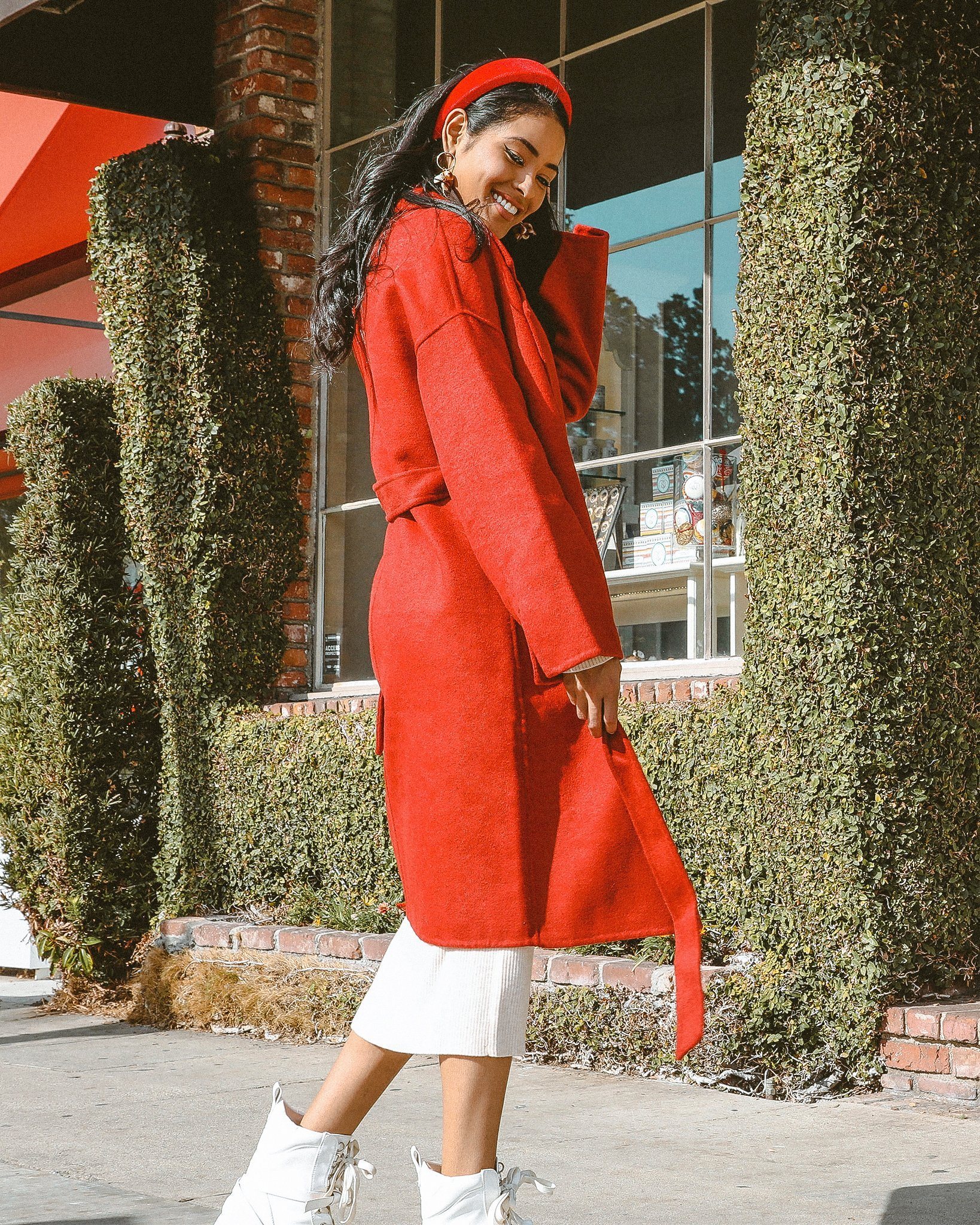 Bergen Full Length Wool Coat in burgundy red with button-down front and tie waist, showcasing its elegant design and oversized fit.