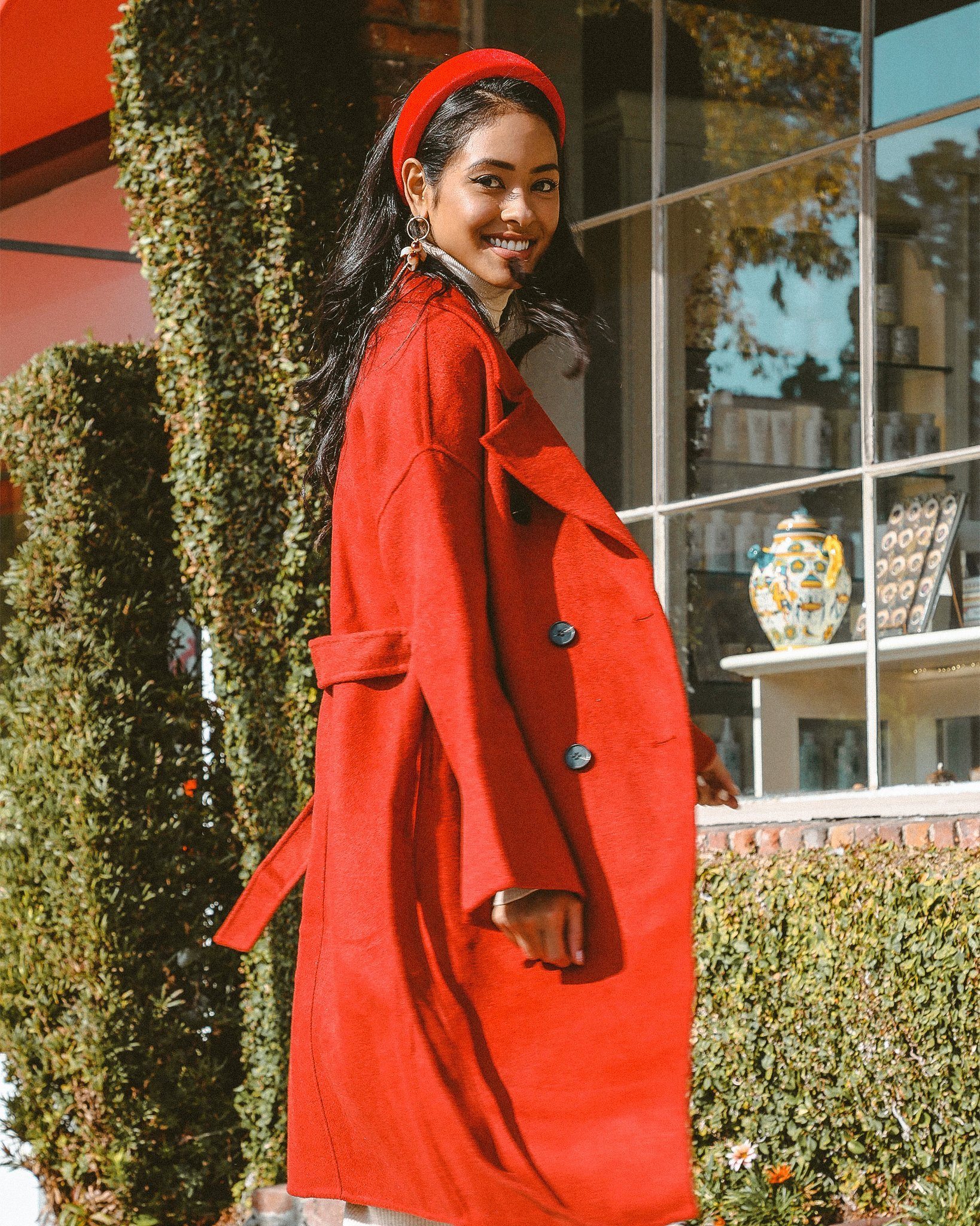 Bergen Full Length Wool Coat in burgundy red with button-down front and tie waist, showcasing its elegant design and oversized fit.