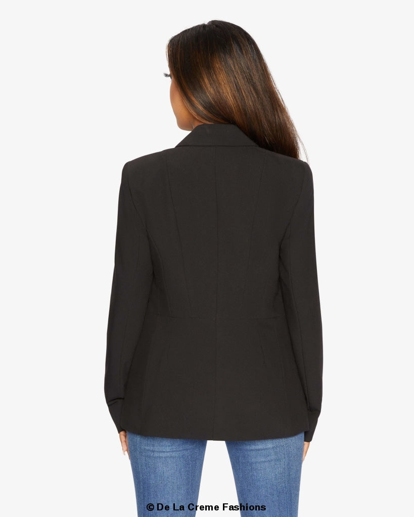 A stylish black casual blazer displayed on a mannequin, showcasing its relaxed fit and versatile design for various occasions.