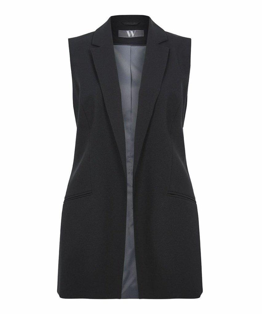 A stylish black formal open front sleeveless blazer, perfect for office wear, showcasing its sleek design and quality fabric.