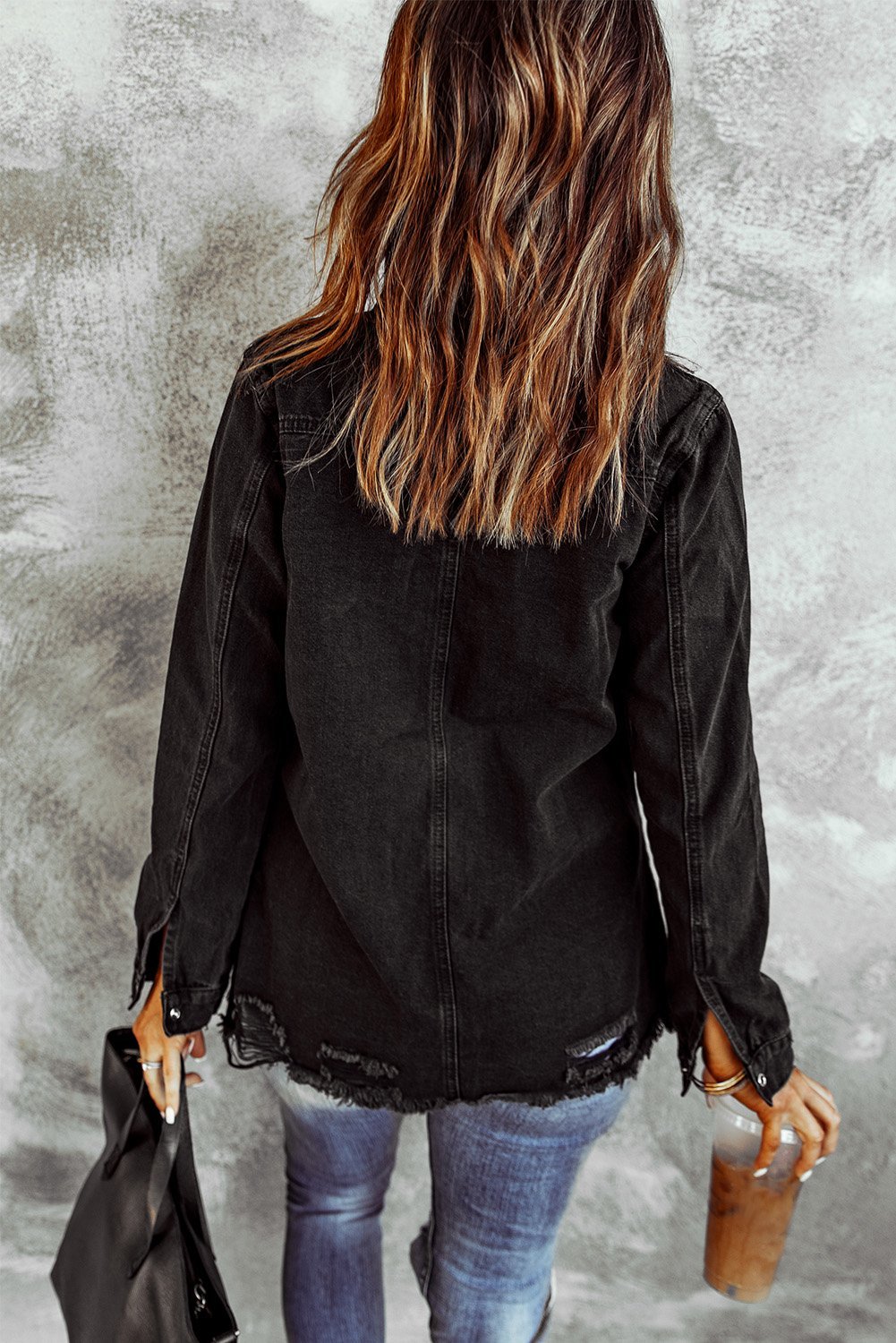 Black Ripped Denim Jacket featuring a stylish distressed design, elegant collar, and full sleeves, perfect for casual wear.