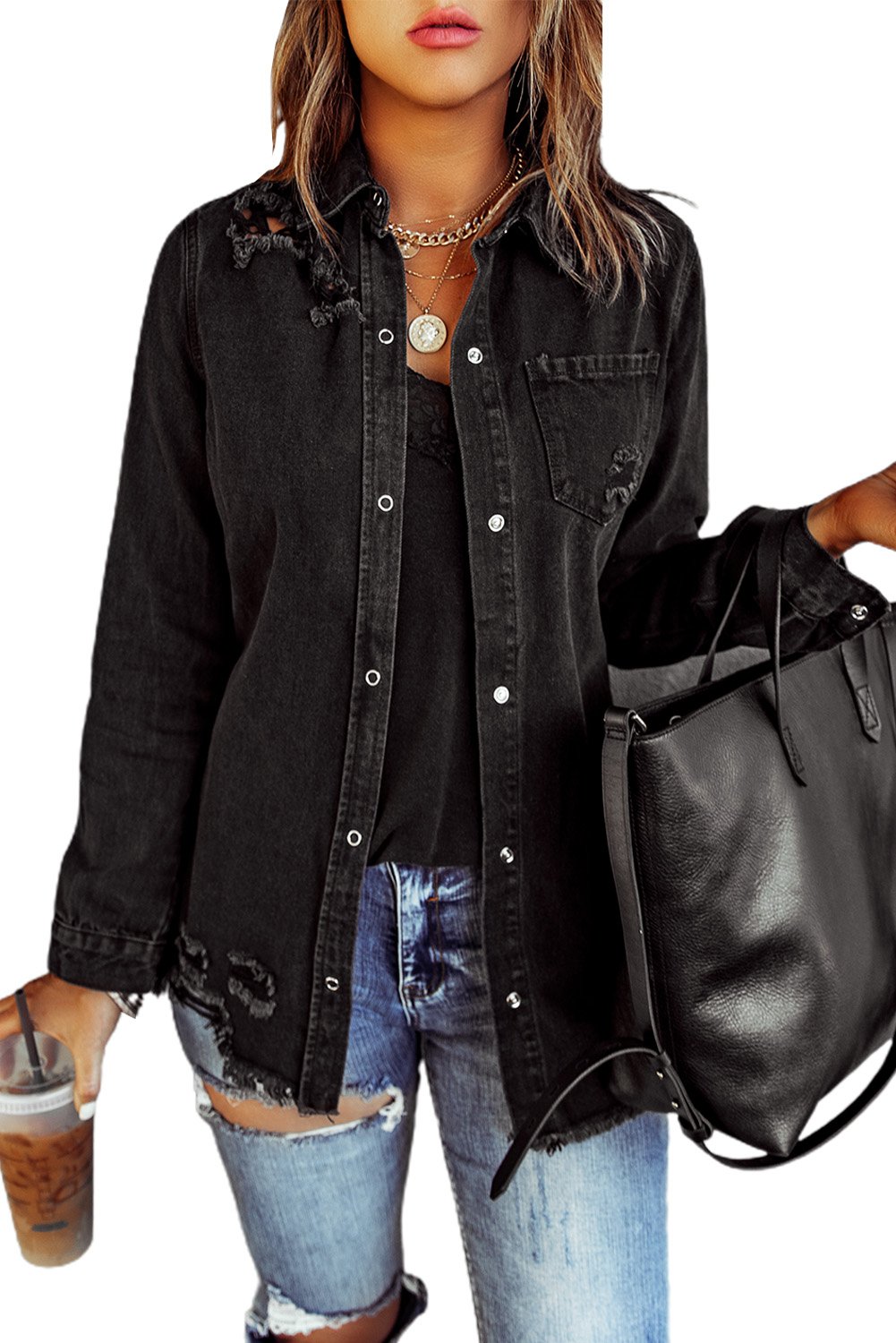 Black Ripped Denim Jacket featuring a stylish distressed design, elegant collar, and full sleeves, perfect for casual wear.