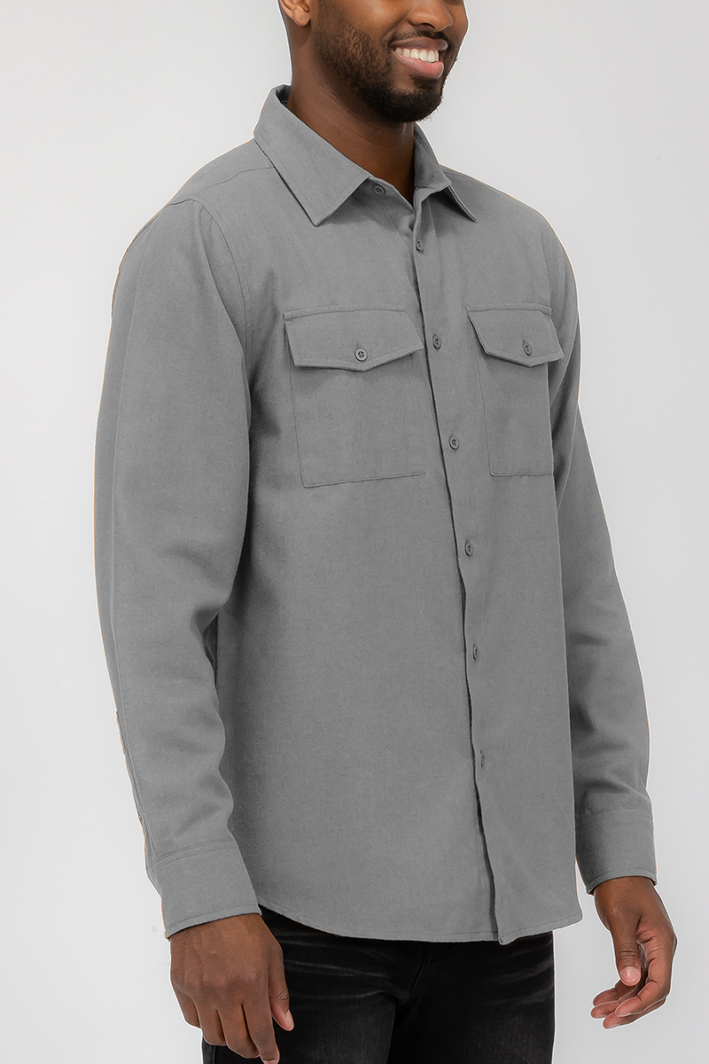 A stylish Blank Brushed Flannel shirt in solid color with dual chest pockets and long sleeves, perfect for casual wear.