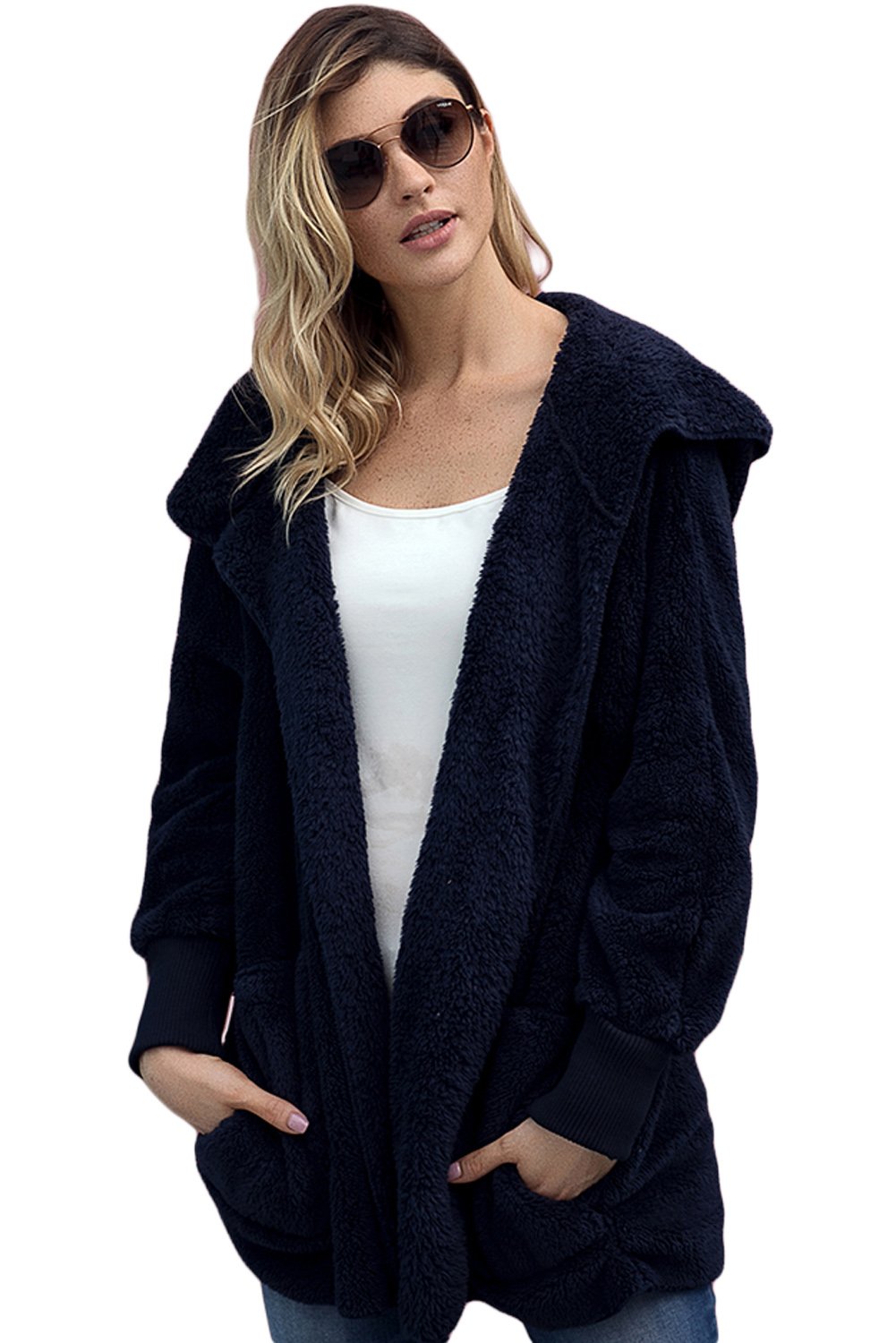 A stylish blue hooded coat made of soft fleece, featuring an open front, ribbed sleeves, and front pockets, perfect for winter wear.