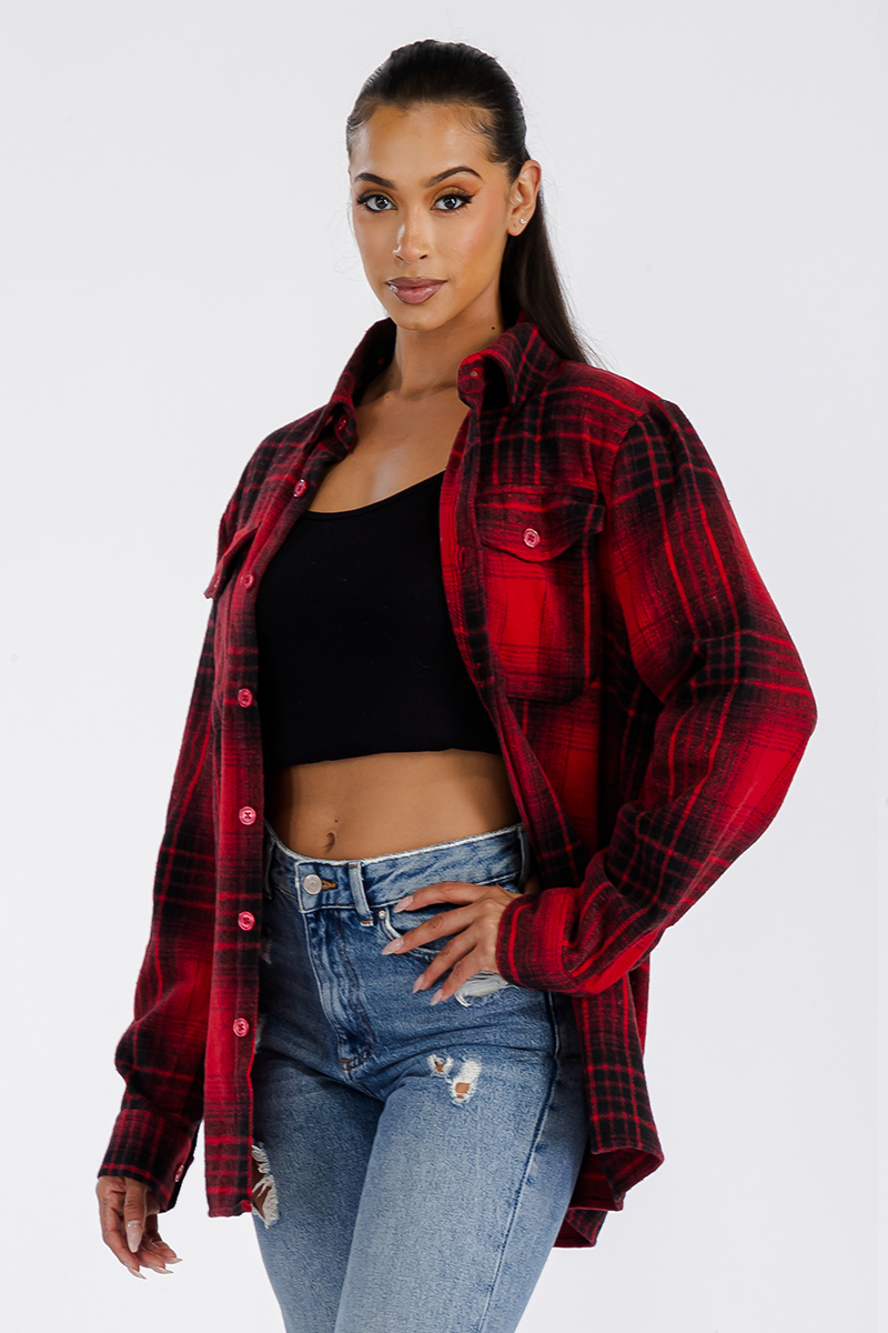 A stylish oversized flannel shacket for women, featuring a button closure and chest pockets, made from soft brushed fabric.