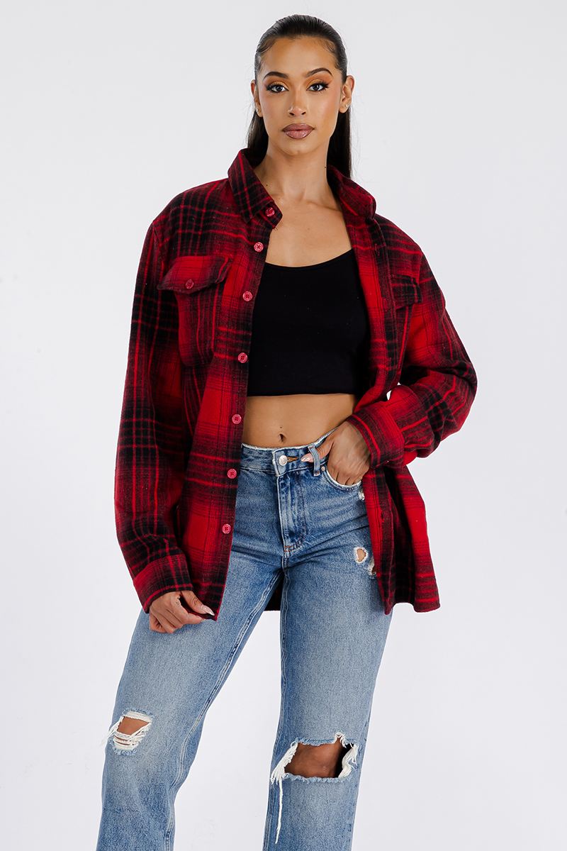 A stylish oversized flannel shacket for women, featuring a button closure and chest pockets, made from soft brushed fabric.