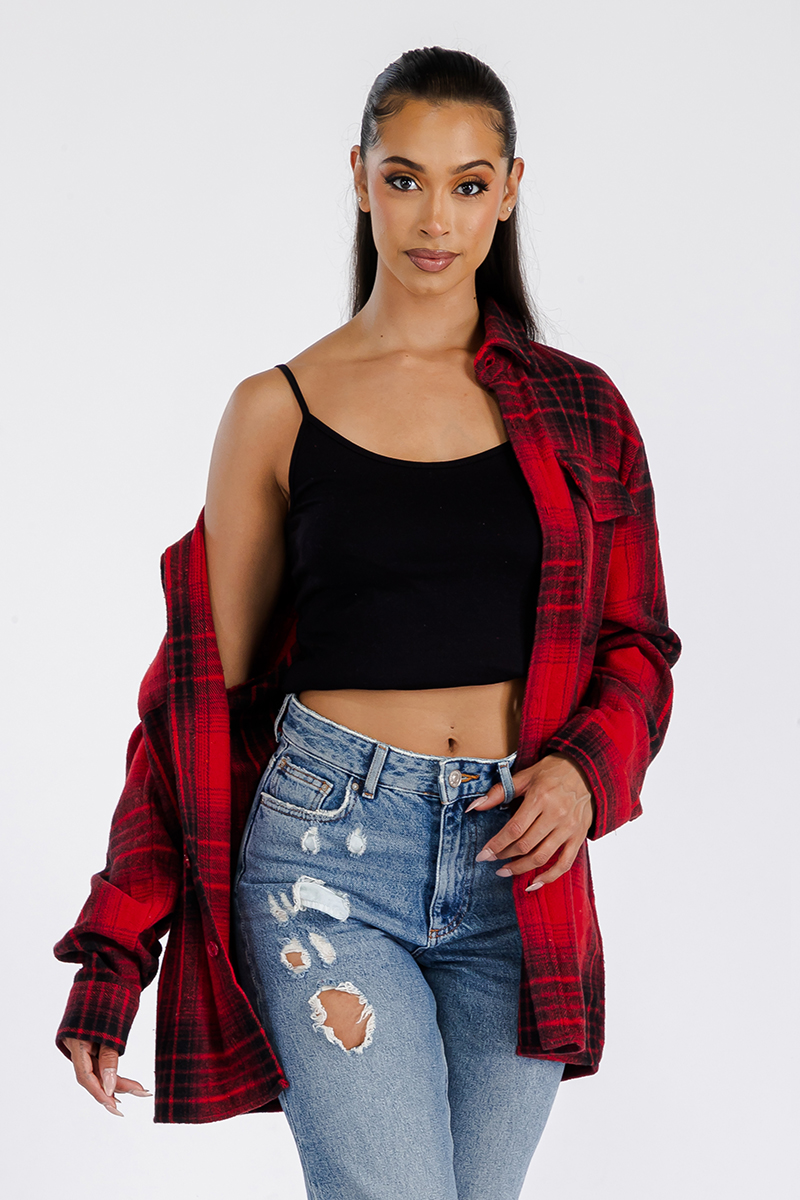 A stylish oversized flannel shacket for women, featuring a button closure and chest pockets, made from soft brushed fabric.