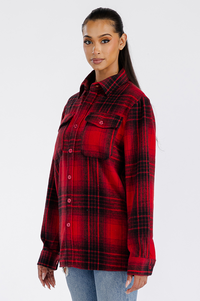 A stylish oversized flannel shacket for women, featuring a button closure and chest pockets, made from soft brushed fabric.