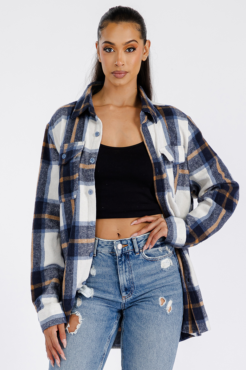 A stylish oversized flannel shacket in soft brushed fabric, featuring button closure and chest pockets, perfect for layering.