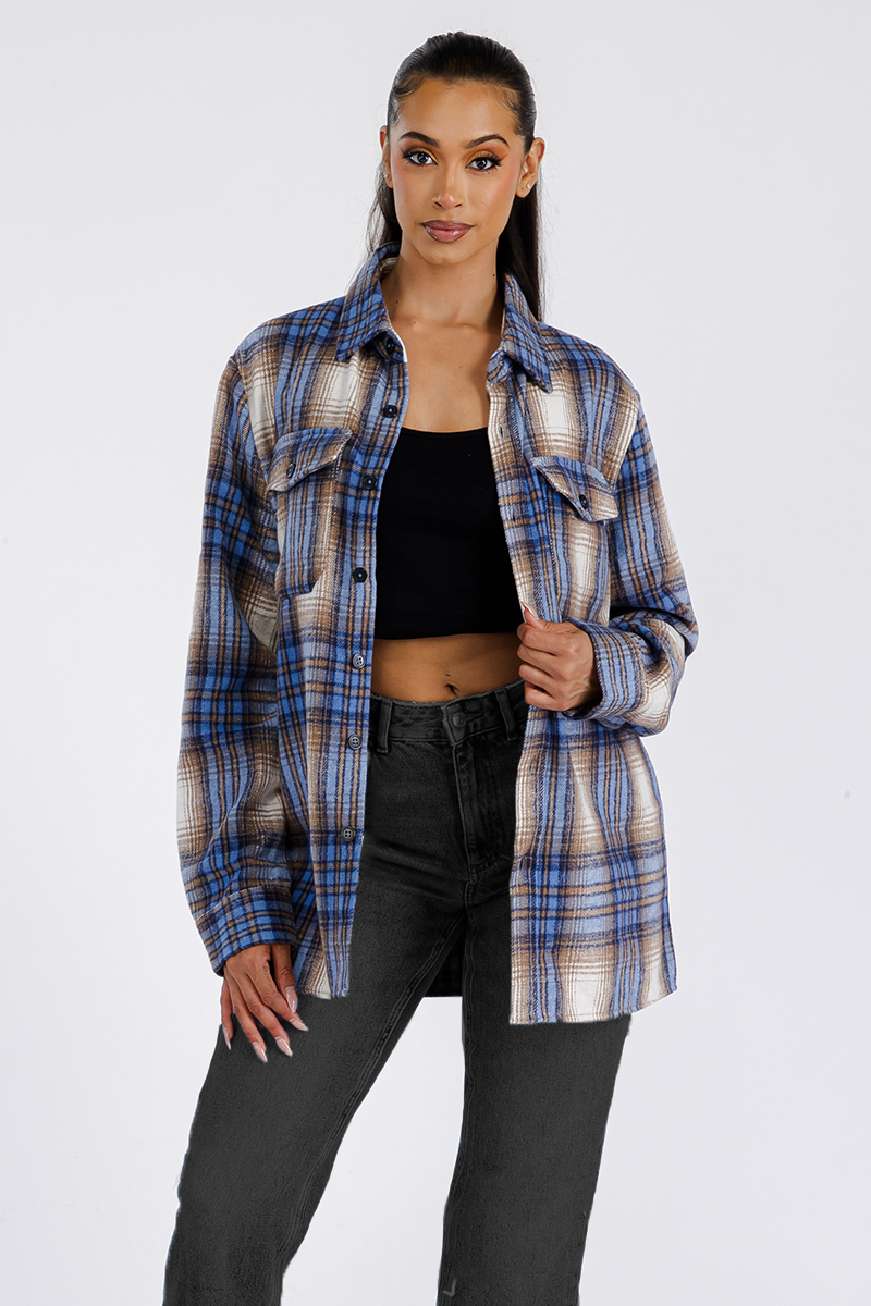 A stylish Boyfriend Oversized Soft Flannel Shacket in plaid pattern, featuring button closure and chest pockets, perfect for layering.