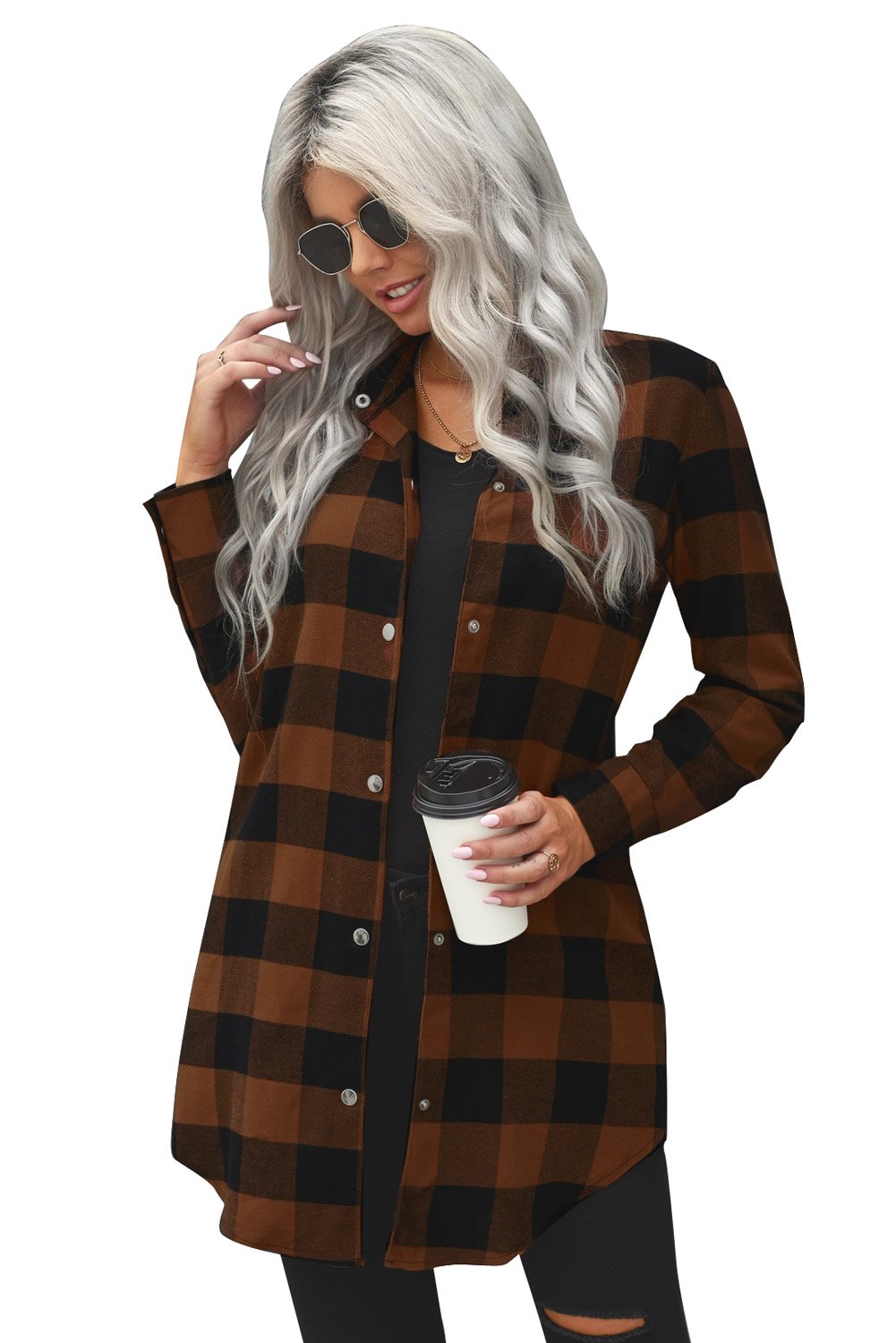 Brown plaid shacket with long sleeves and turn-down collar, perfect for winter layering.