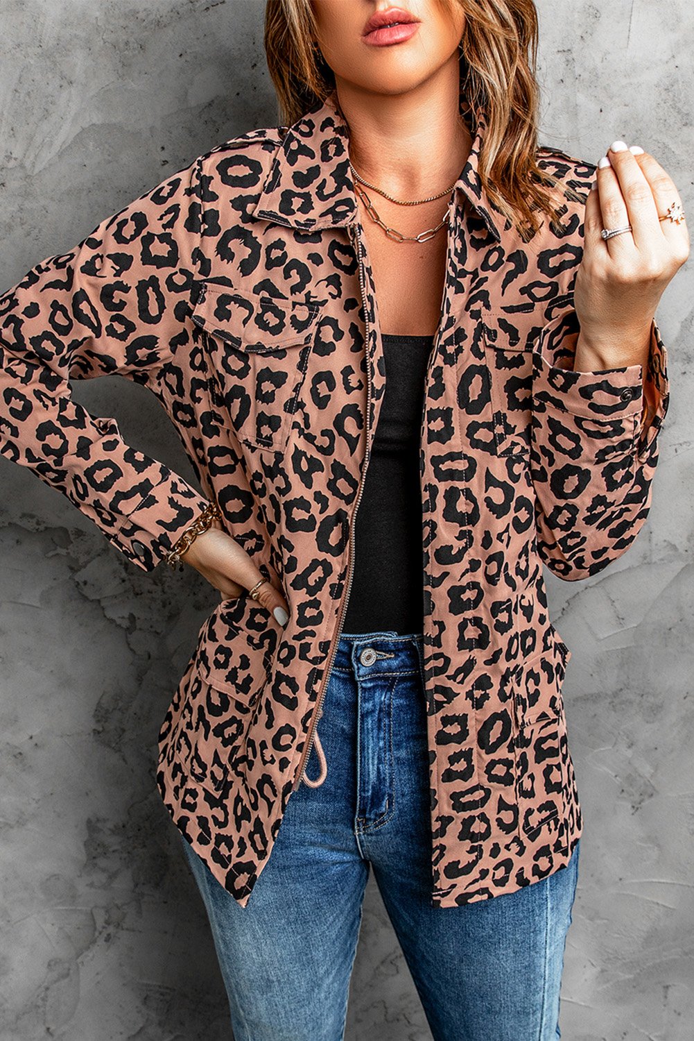 Main Brown Zipper Leopard Coat image