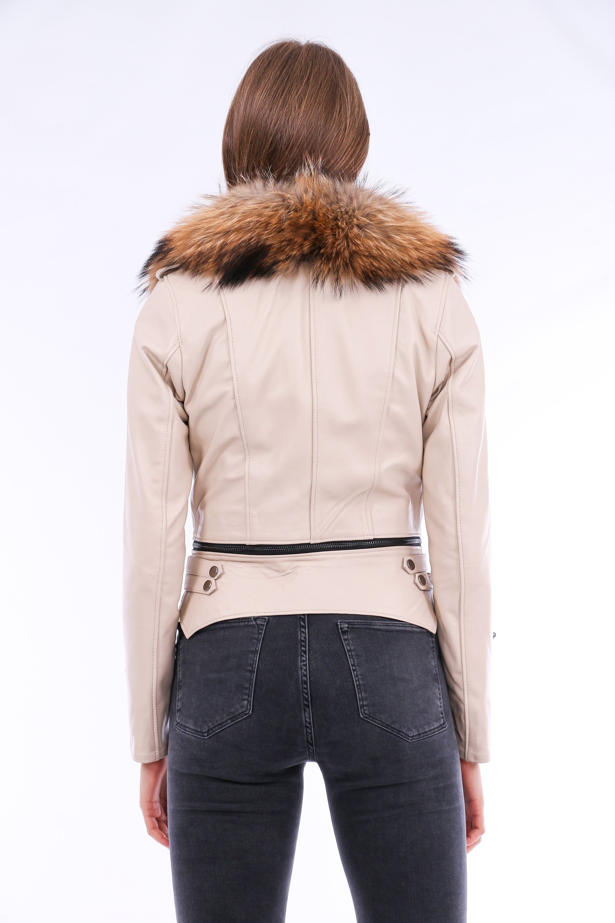 Buttagi Leather Biker Jacket in White featuring a detachable fox fur collar and zipper pockets, made from premium genuine soft sheepskin.