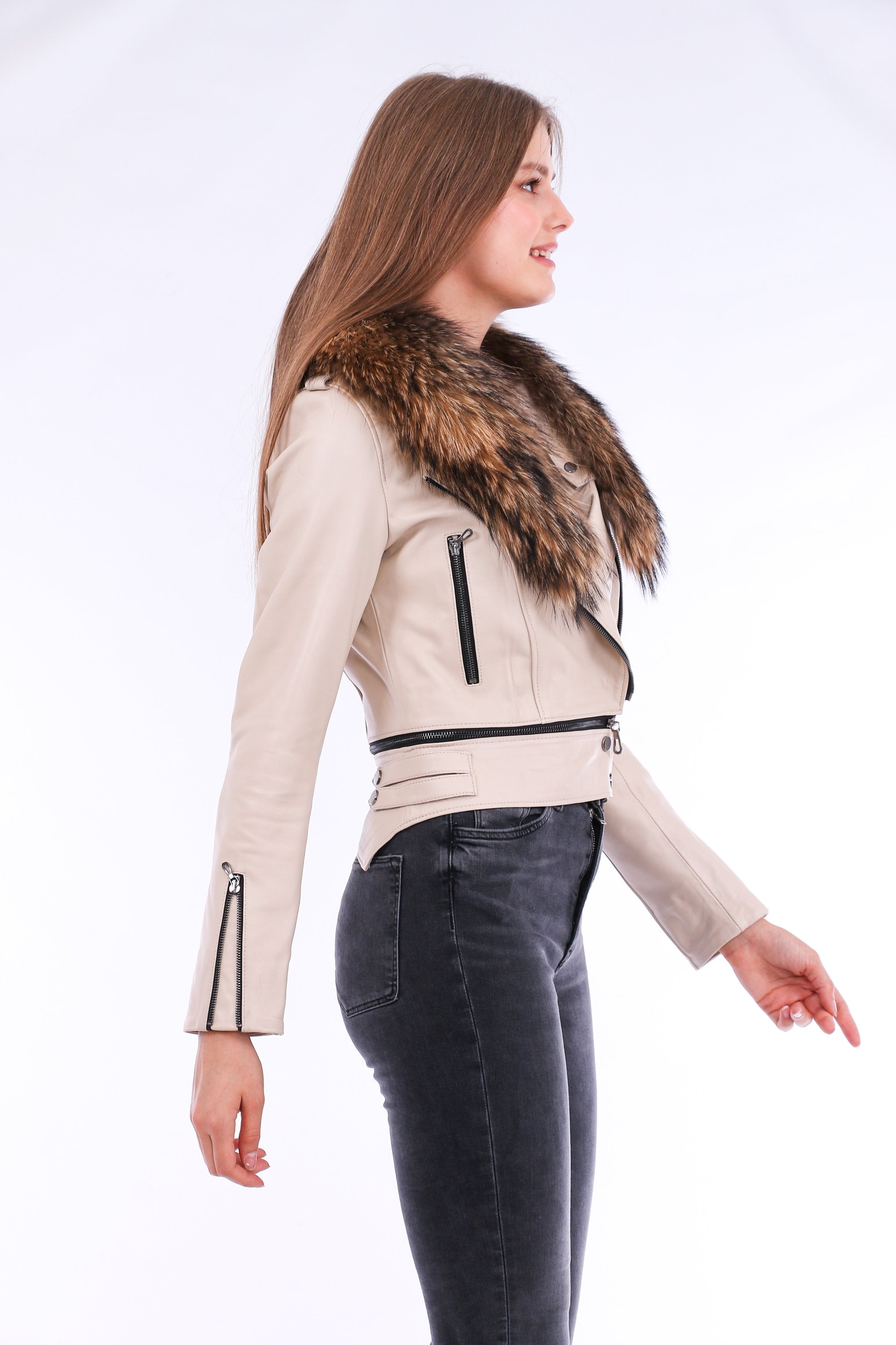 Buttagi Leather Biker Jacket in White featuring a detachable fox fur collar and zipper pockets, made from premium genuine soft sheepskin.