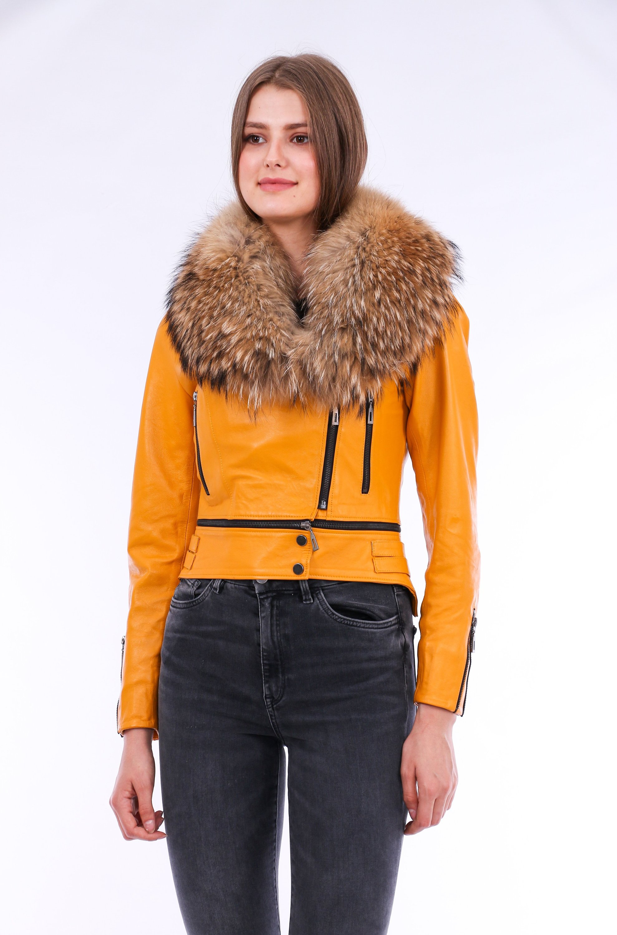 Buttagi Leather Biker Jacket in yellow with detachable fox fur collar and zipper pockets, showcasing premium soft sheepskin material.