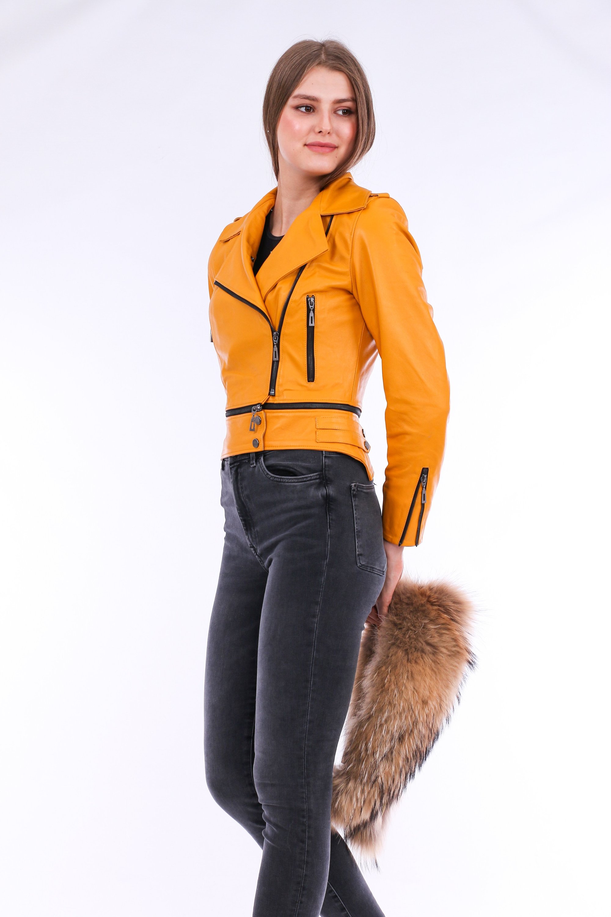 Buttagi Leather Biker Jacket in yellow with detachable fox fur collar and zipper pockets, showcasing premium soft sheepskin material.