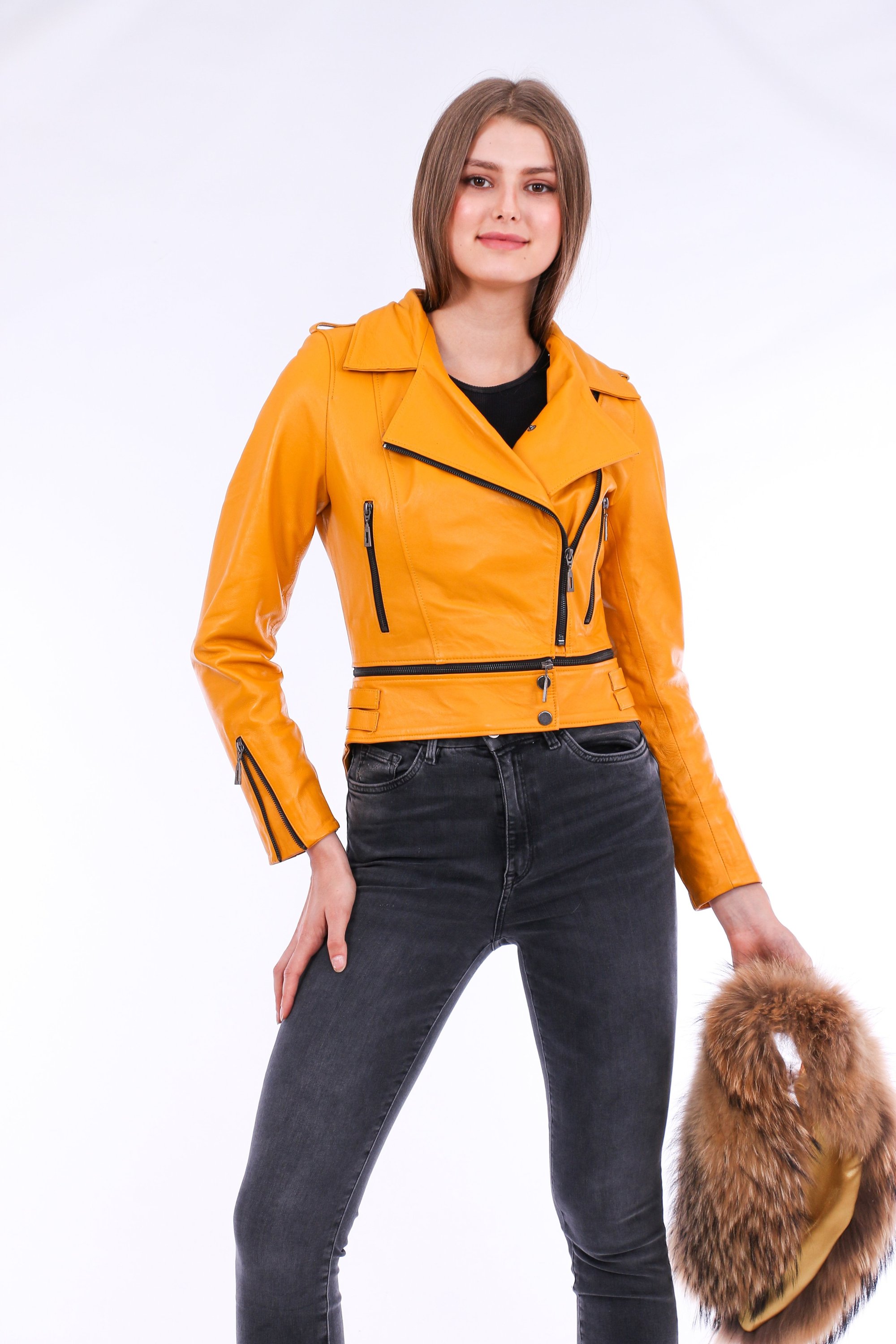 Buttagi Leather Biker Jacket in yellow with detachable fox fur collar and zipper pockets, showcasing premium soft sheepskin material.