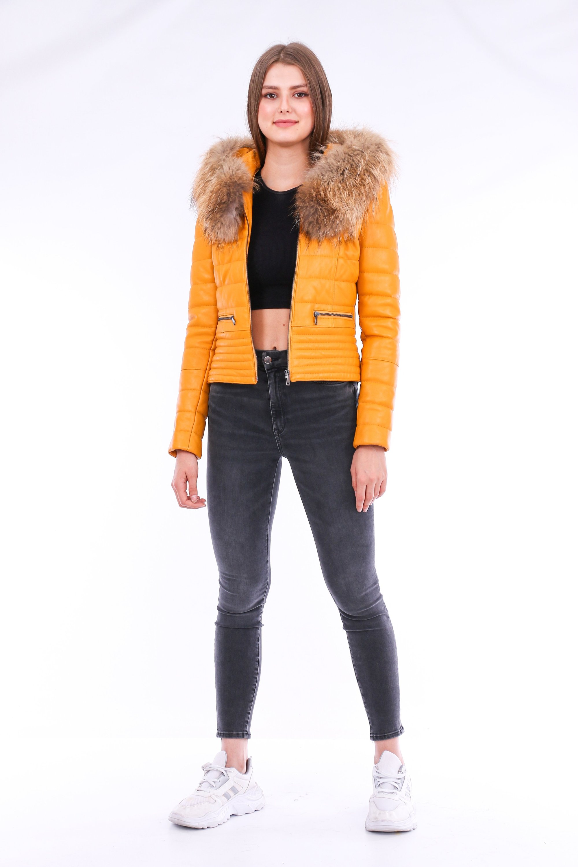 Buttagi Leather Biker Jacket in yellow with detachable fox fur collar and zipper pockets, showcasing premium soft sheepskin material.