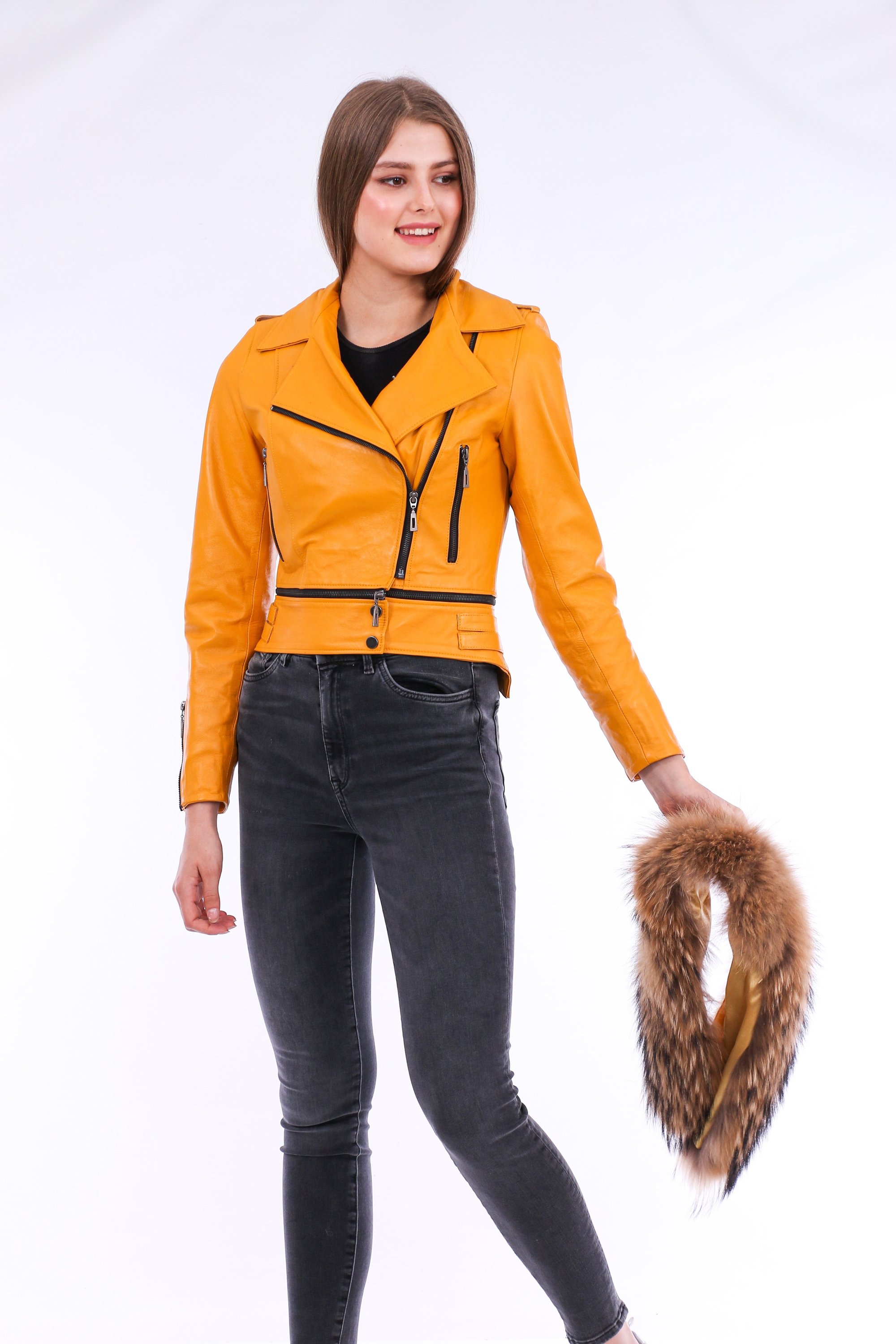 Buttagi Leather Biker Jacket in yellow with detachable fox fur collar and zipper pockets, showcasing premium soft sheepskin material.