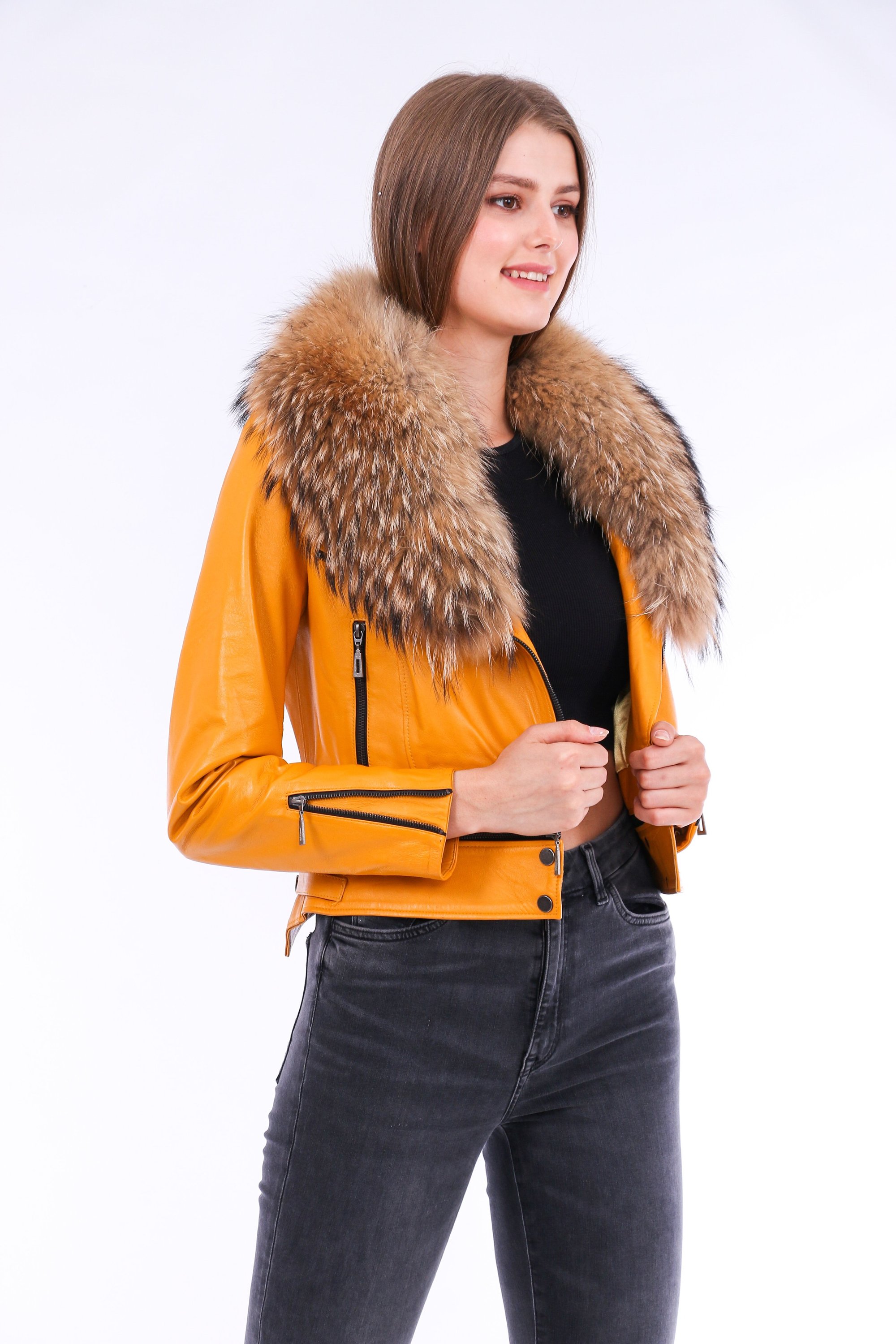 Buttagi Leather Biker Jacket in yellow with detachable fox fur collar and zipper pockets, showcasing premium soft sheepskin material.