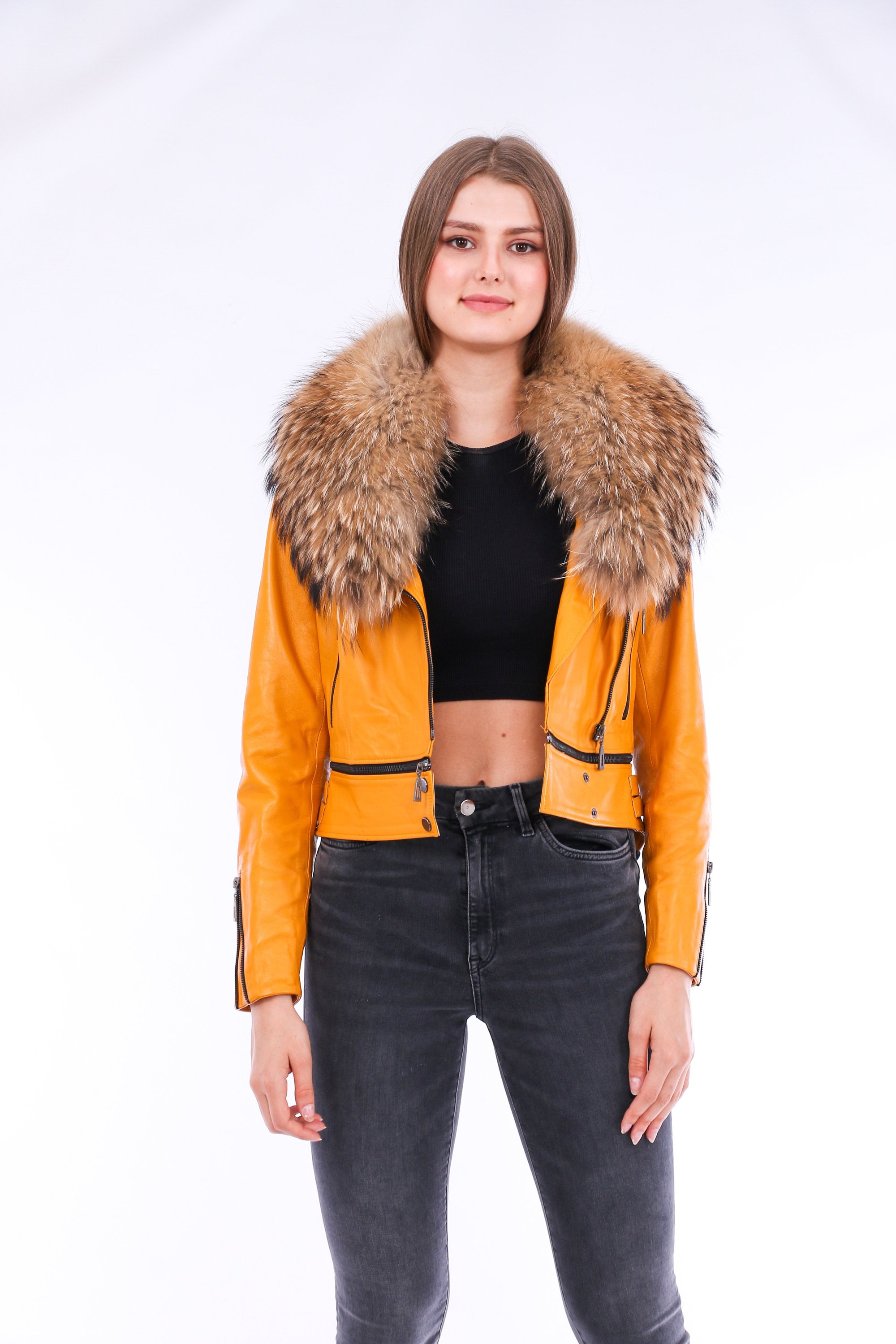 Buttagi Leather Biker Jacket in yellow with detachable fox fur collar and zipper pockets, showcasing premium soft sheepskin material.