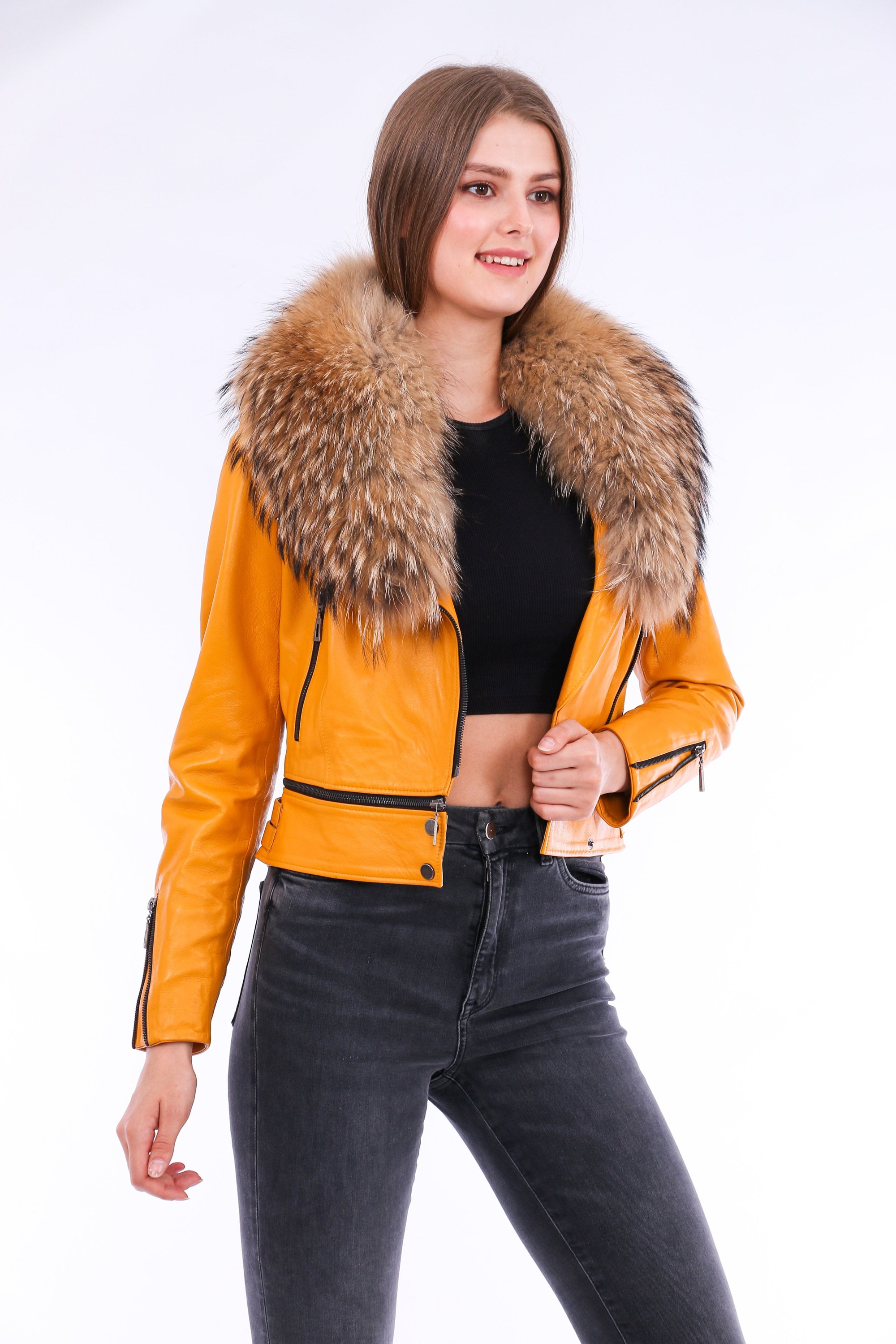 Buttagi Leather Biker Jacket in yellow with detachable fox fur collar and zipper pockets, showcasing premium soft sheepskin material.