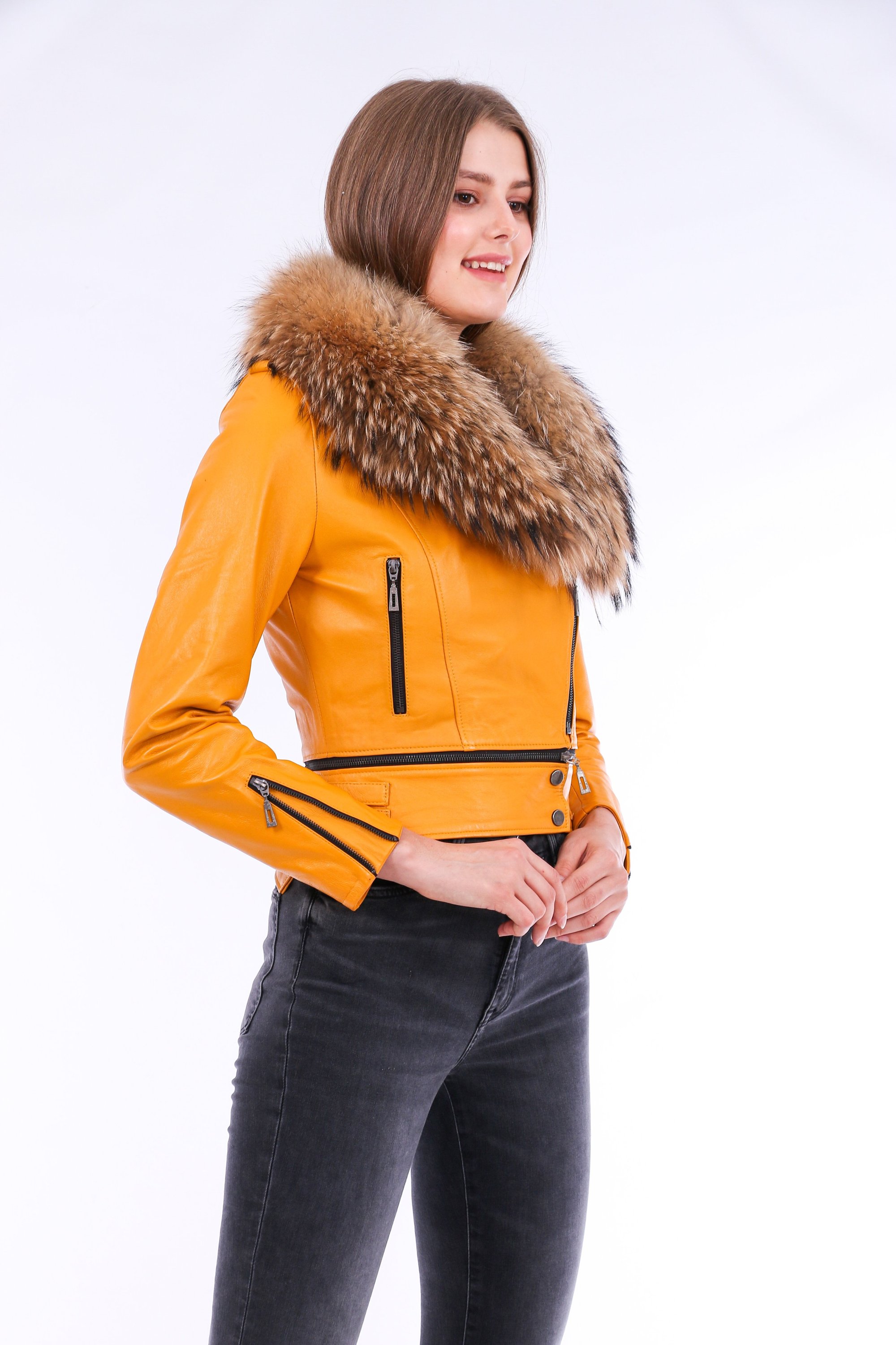 Buttagi Leather Biker Jacket in yellow with detachable fox fur collar and zipper pockets, showcasing premium soft sheepskin material.