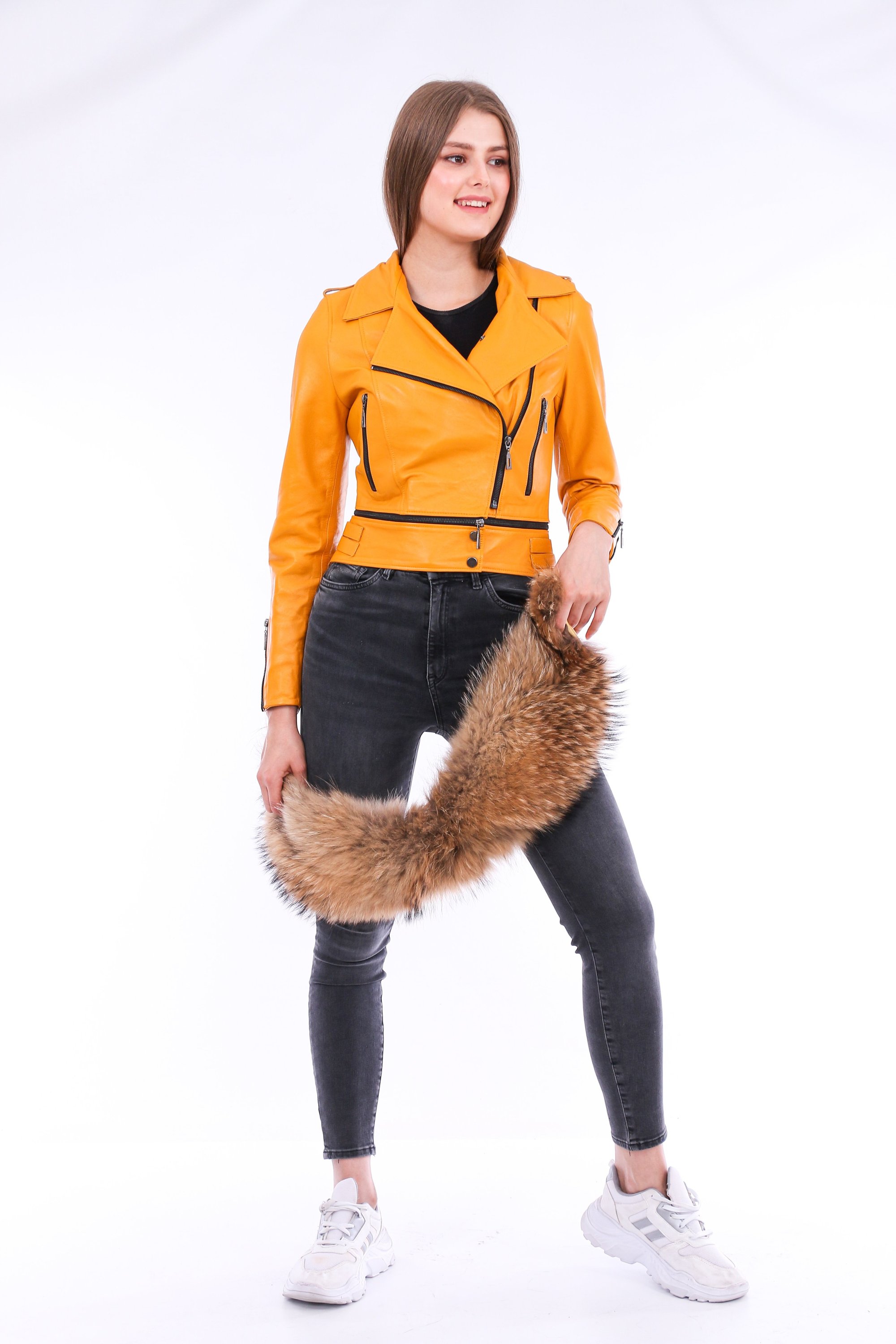 Buttagi Leather Biker Jacket in yellow with detachable fox fur collar and zipper pockets, showcasing premium soft sheepskin material.