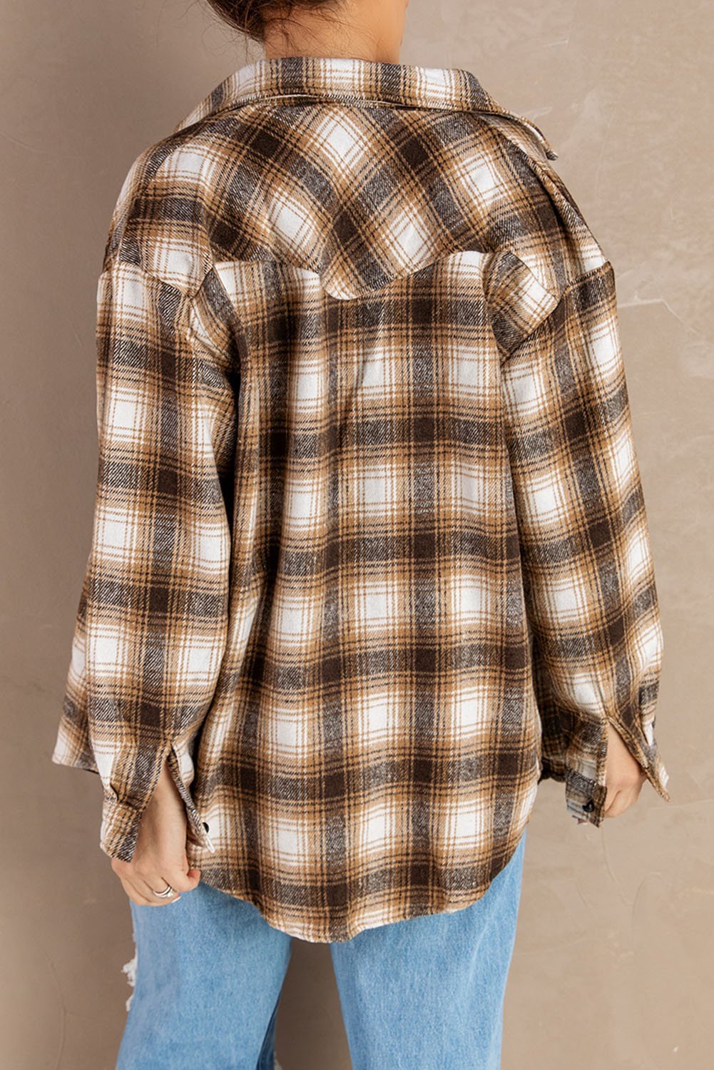 Buttons Pocketed Plaid Shacket featuring a turn-down collar, long sleeves, and front pockets in a classic plaid pattern.