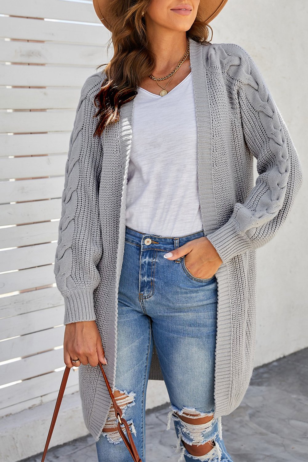 A stylish gray Cable Sleeve Long Cardigan with chunky sleeves, open front design, and a cozy fit, perfect for winter wear.