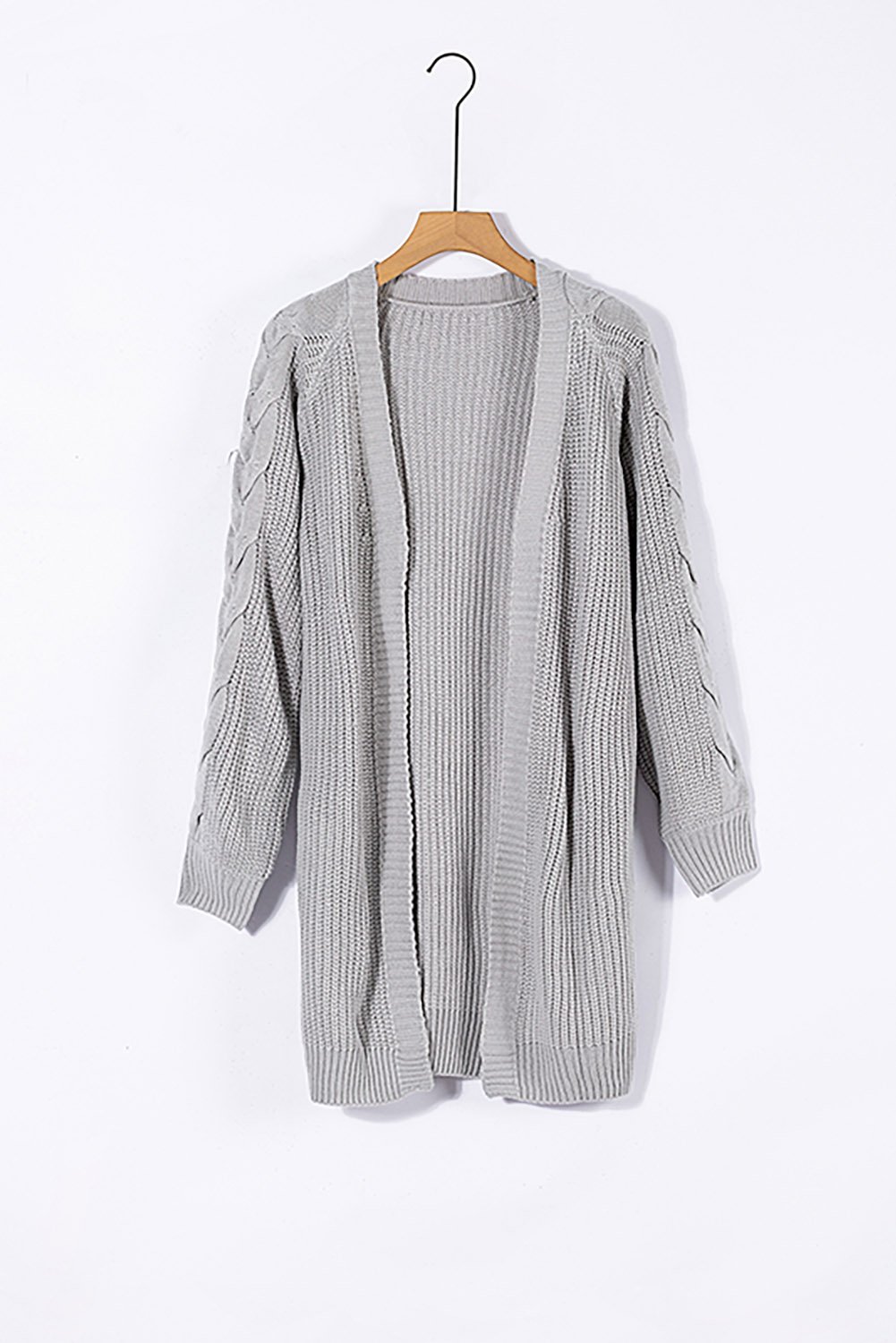 A stylish gray Cable Sleeve Long Cardigan with chunky sleeves, open front design, and a cozy fit, perfect for winter wear.