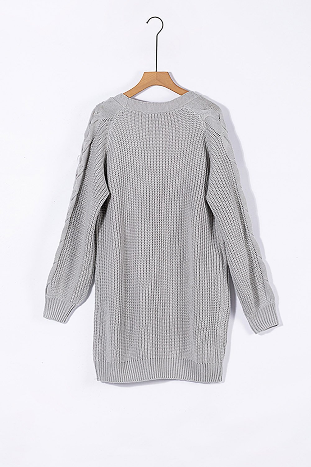 A stylish gray Cable Sleeve Long Cardigan with chunky sleeves, open front design, and a cozy fit, perfect for winter wear.