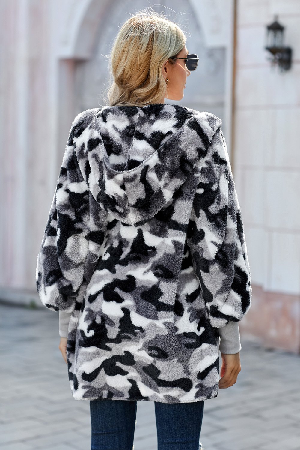 Camo Fleece Hooded Coat in gray with a trendy camo print, featuring a hood, long sleeves, and side pockets.