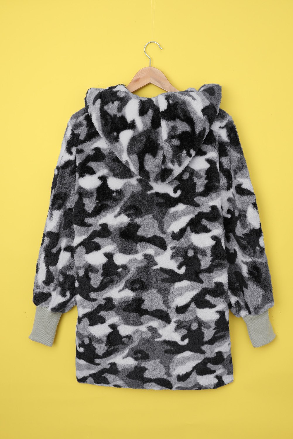 Camo Fleece Hooded Coat in gray with a trendy camo print, featuring a hood, long sleeves, and side pockets.