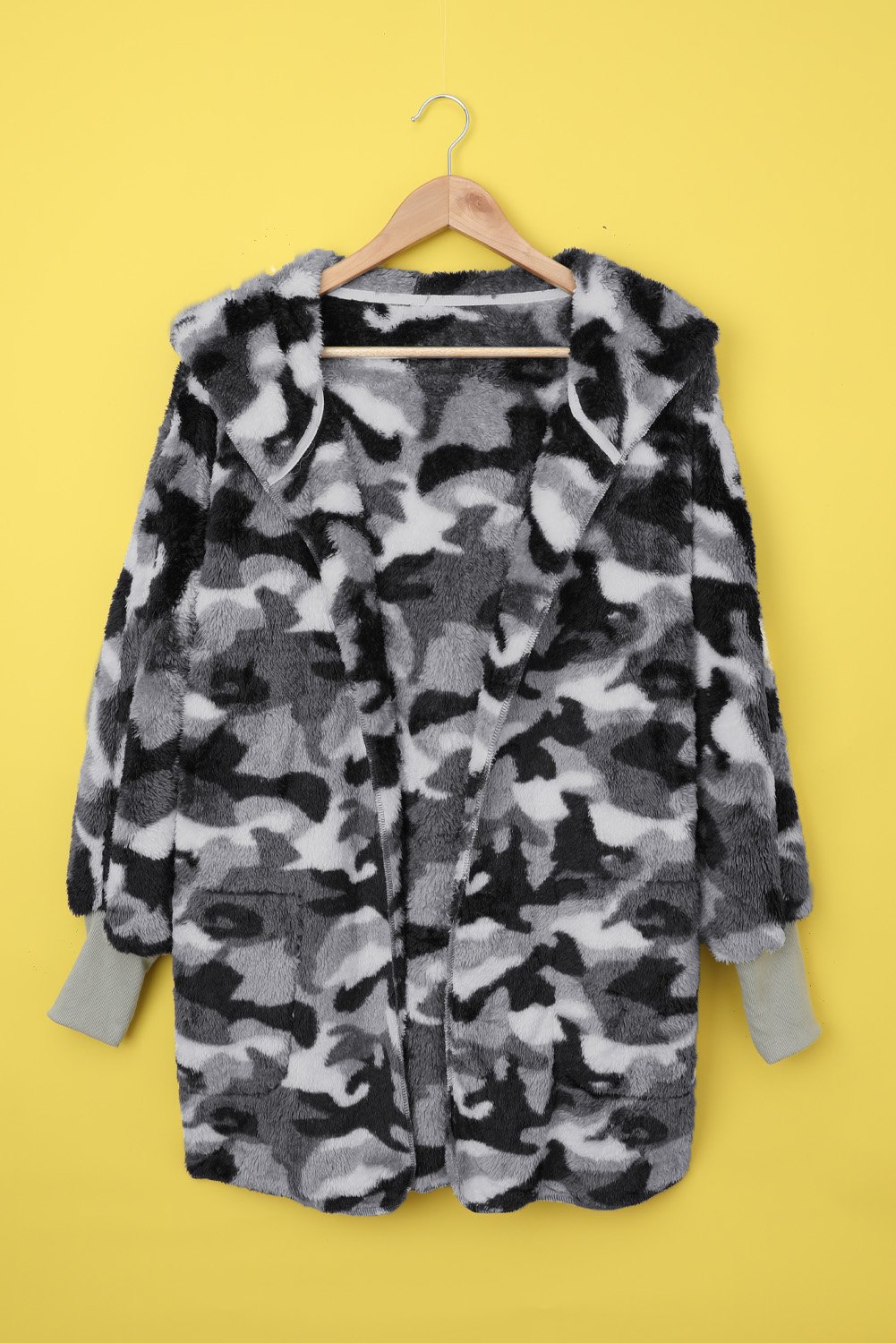 Camo Fleece Hooded Coat in gray with a trendy camo print, featuring a hood, long sleeves, and side pockets.