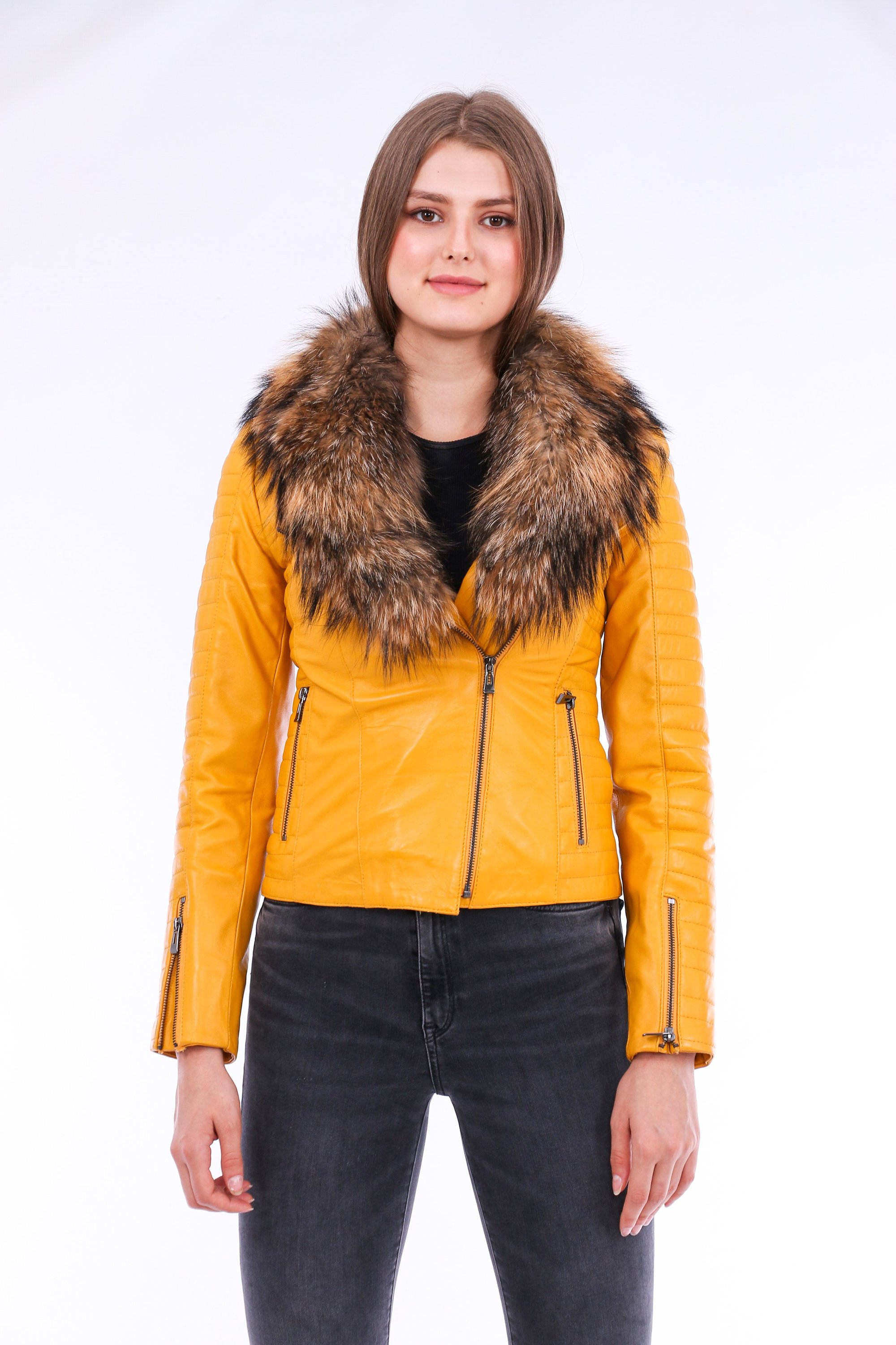 Cana Leather Biker Jacket in vibrant yellow with zipper cuff details and detachable fox fur collar, showcasing premium genuine sheepskin craftsmanship.