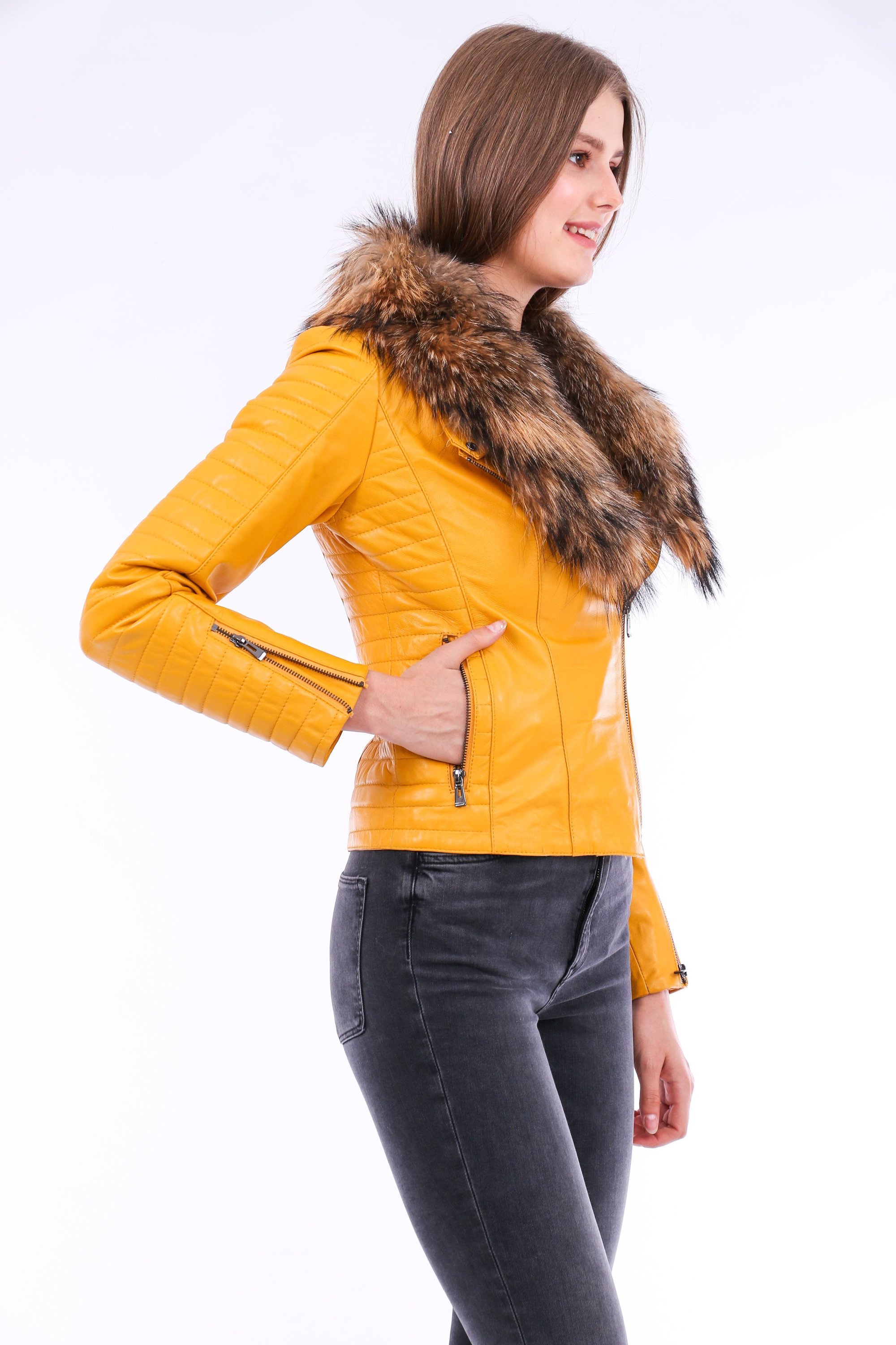 Cana Leather Biker Jacket in vibrant yellow with zipper cuff details and detachable fox fur collar, showcasing premium genuine sheepskin craftsmanship.