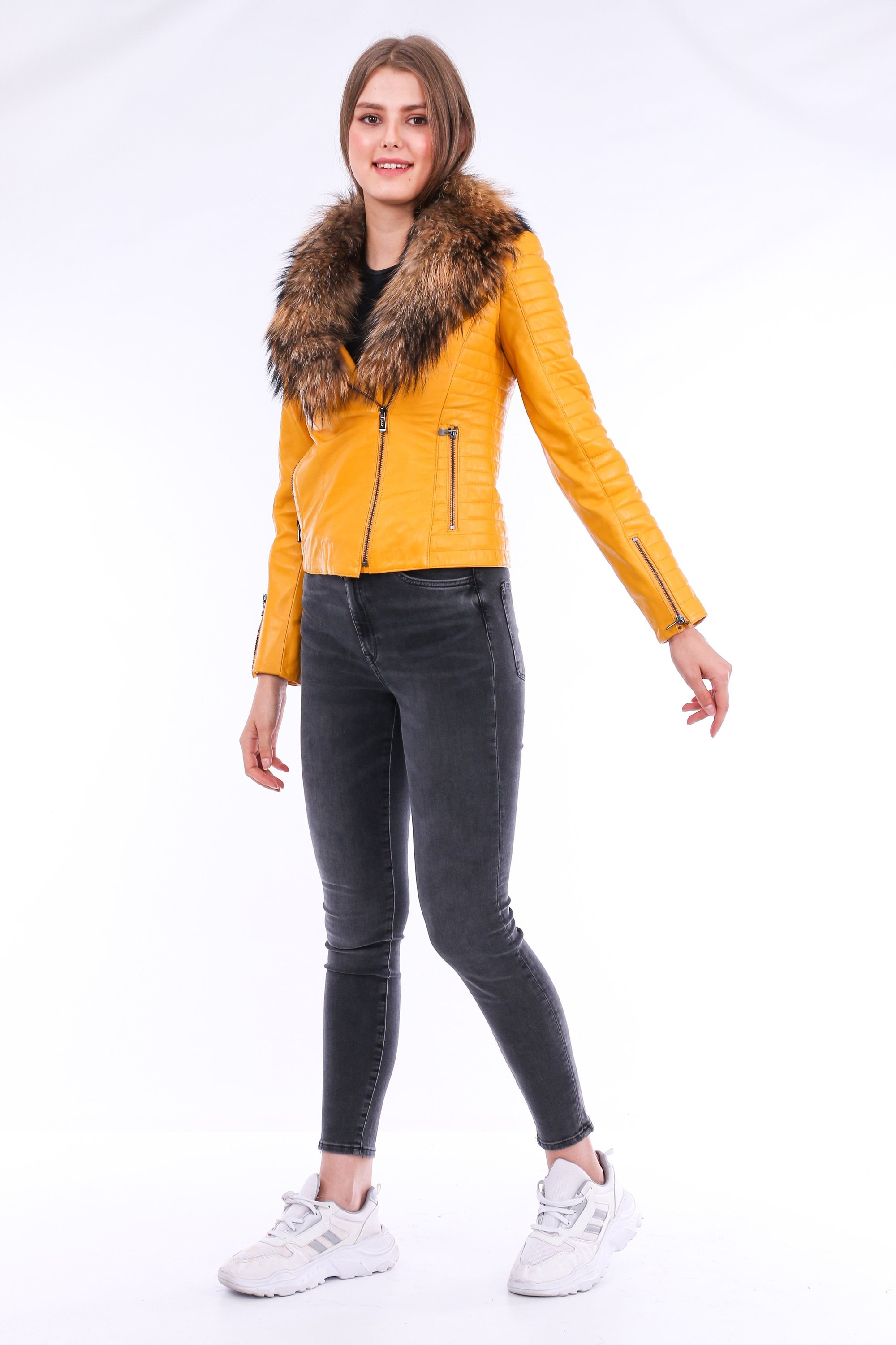 Cana Leather Biker Jacket in vibrant yellow with zipper cuff details and detachable fox fur collar, showcasing premium genuine sheepskin craftsmanship.