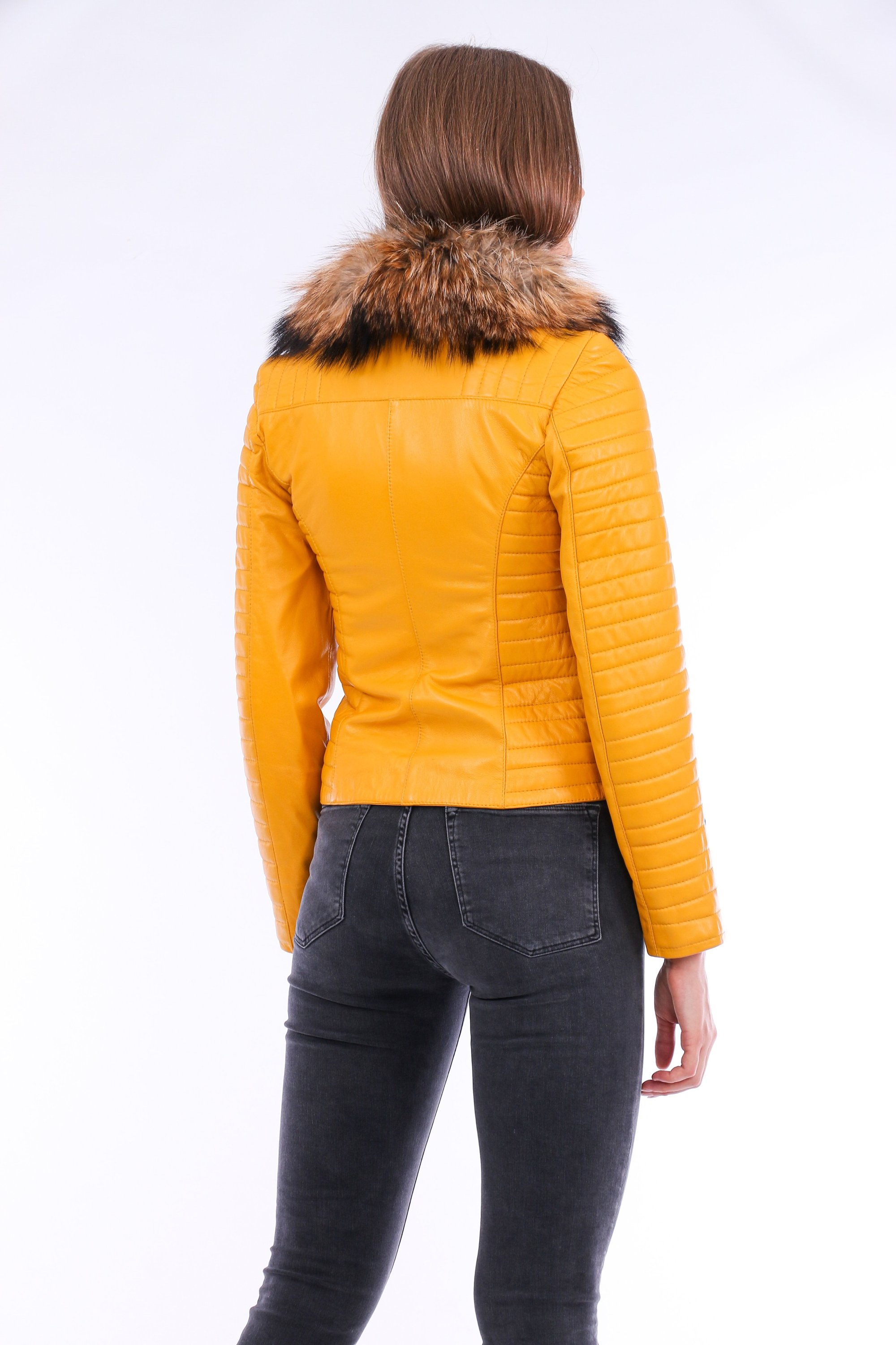 Cana Leather Biker Jacket in vibrant yellow with zipper cuff details and detachable fox fur collar, showcasing premium genuine sheepskin craftsmanship.