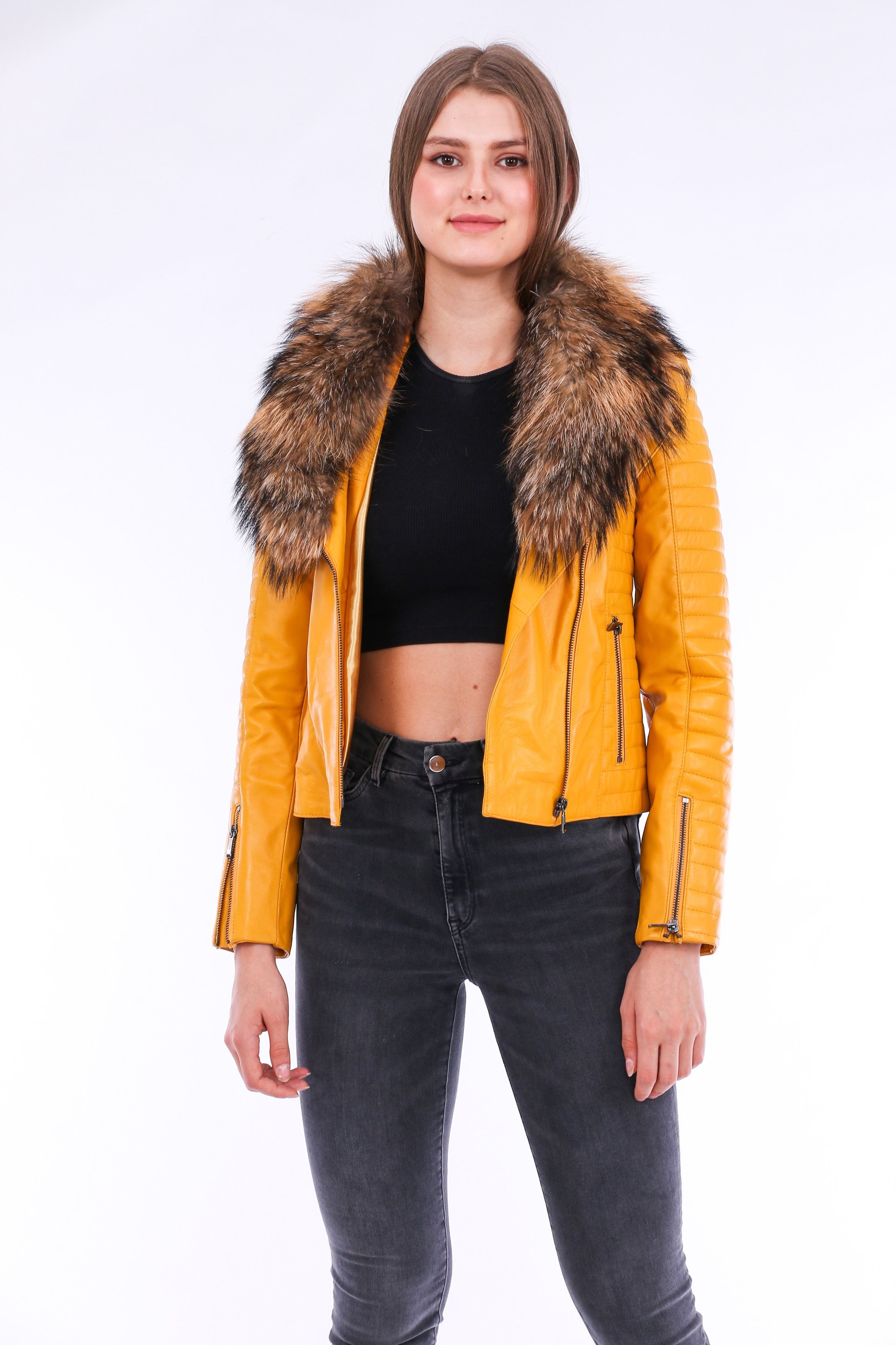 Cana Leather Biker Jacket in vibrant yellow with zipper cuff details and detachable fox fur collar, showcasing premium genuine sheepskin craftsmanship.