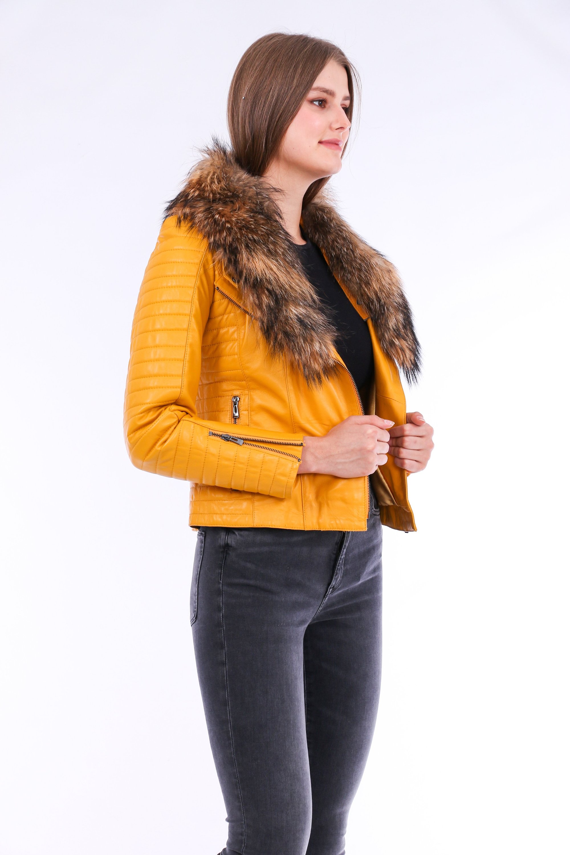 Cana Leather Biker Jacket in vibrant yellow with zipper cuff details and detachable fox fur collar, showcasing premium genuine sheepskin craftsmanship.