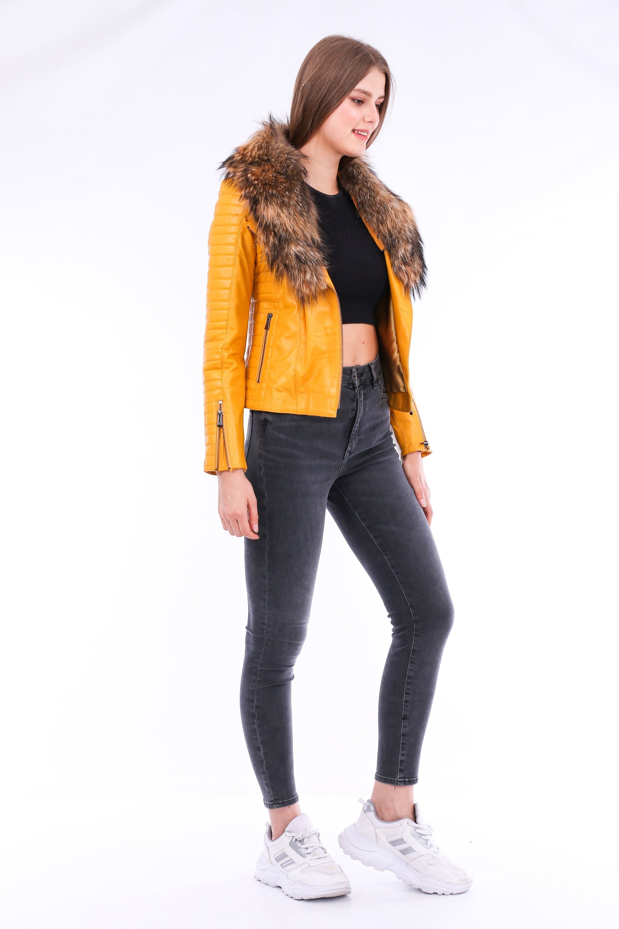 Cana Leather Biker Jacket in vibrant yellow with zipper cuff details and detachable fox fur collar, showcasing premium genuine sheepskin craftsmanship.